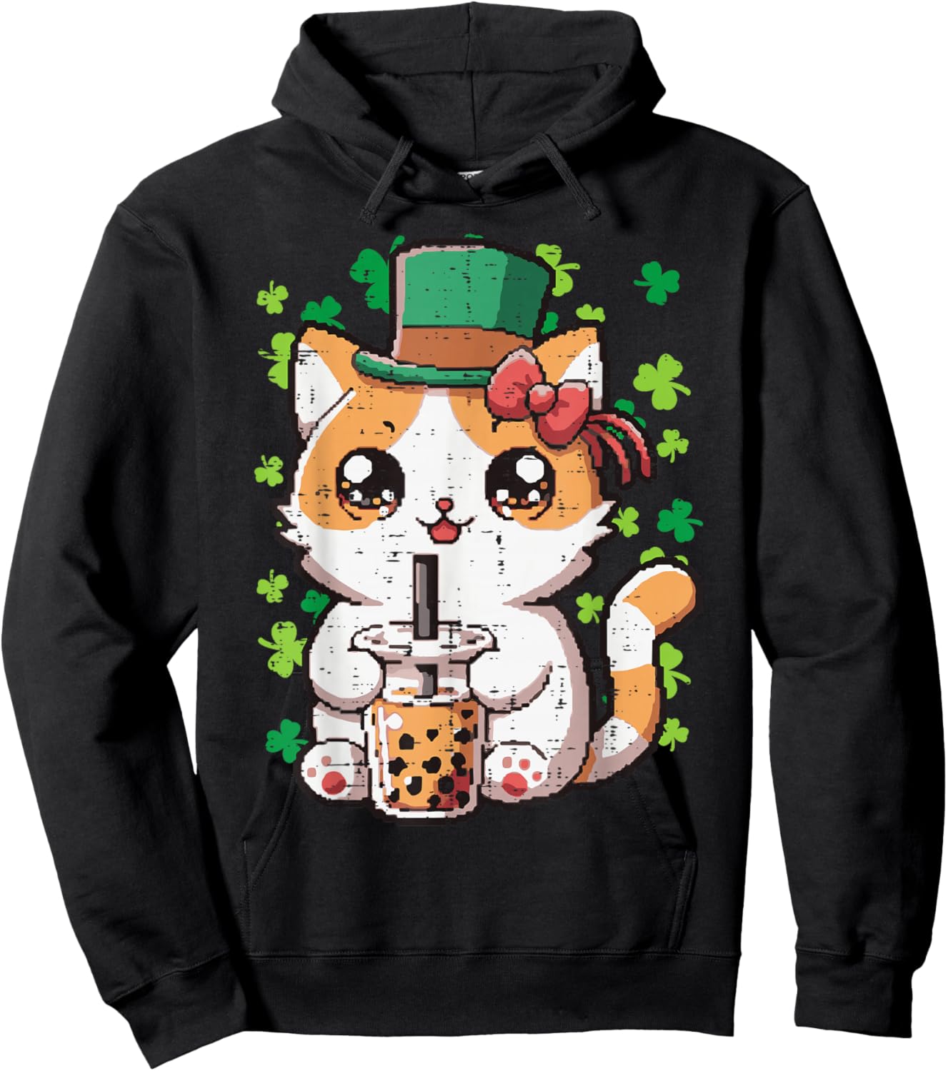 St Patricks Day Cat Boba Tea Irish Kawaii Japanese Women Kid Hoodie - Hoodie | Black