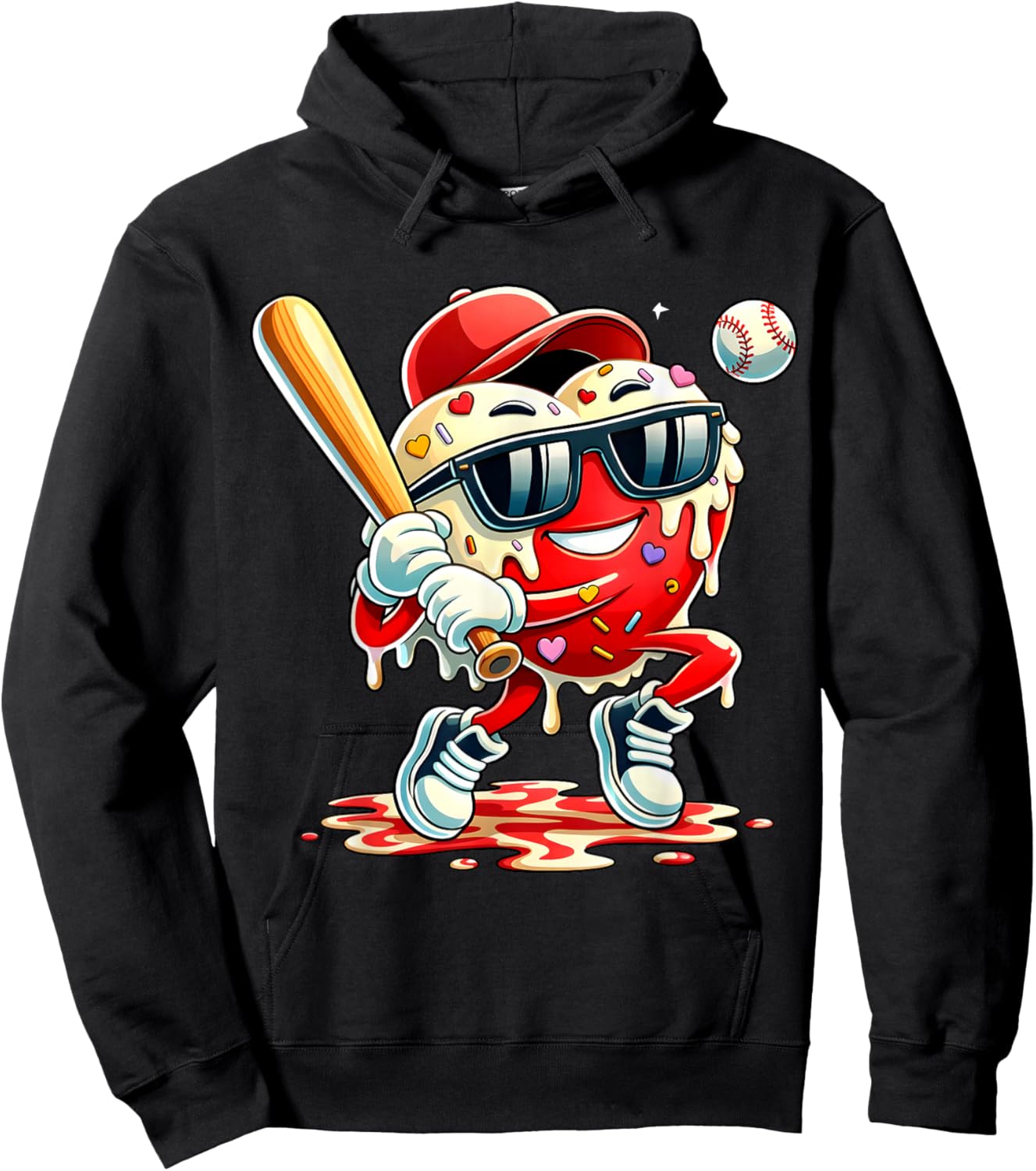 Valentines Day Heart Baseball Drip Ice Cream Boys Kids Men Hoodie - Hoodie | Black