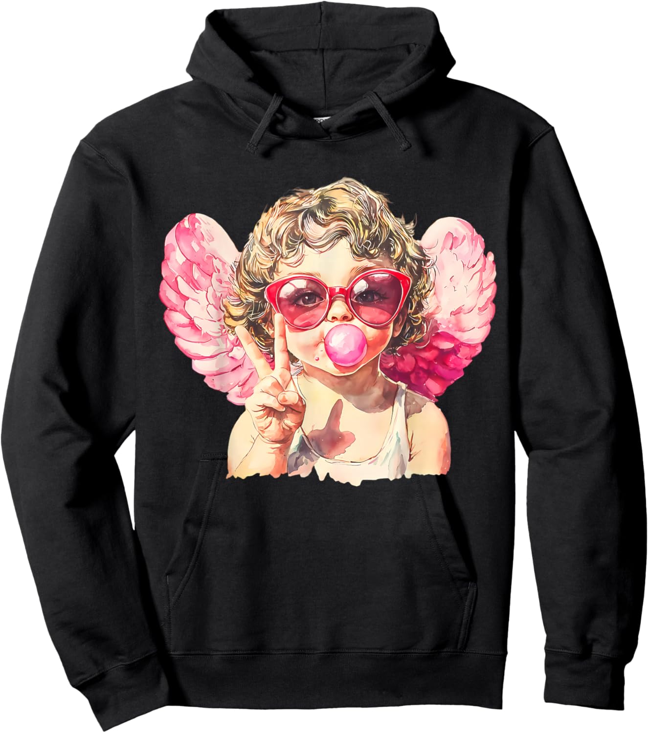 Pink Funny Sunglasses Cupid Blowing Bubble Gum Valentines Hoodie - Hoodie | Black