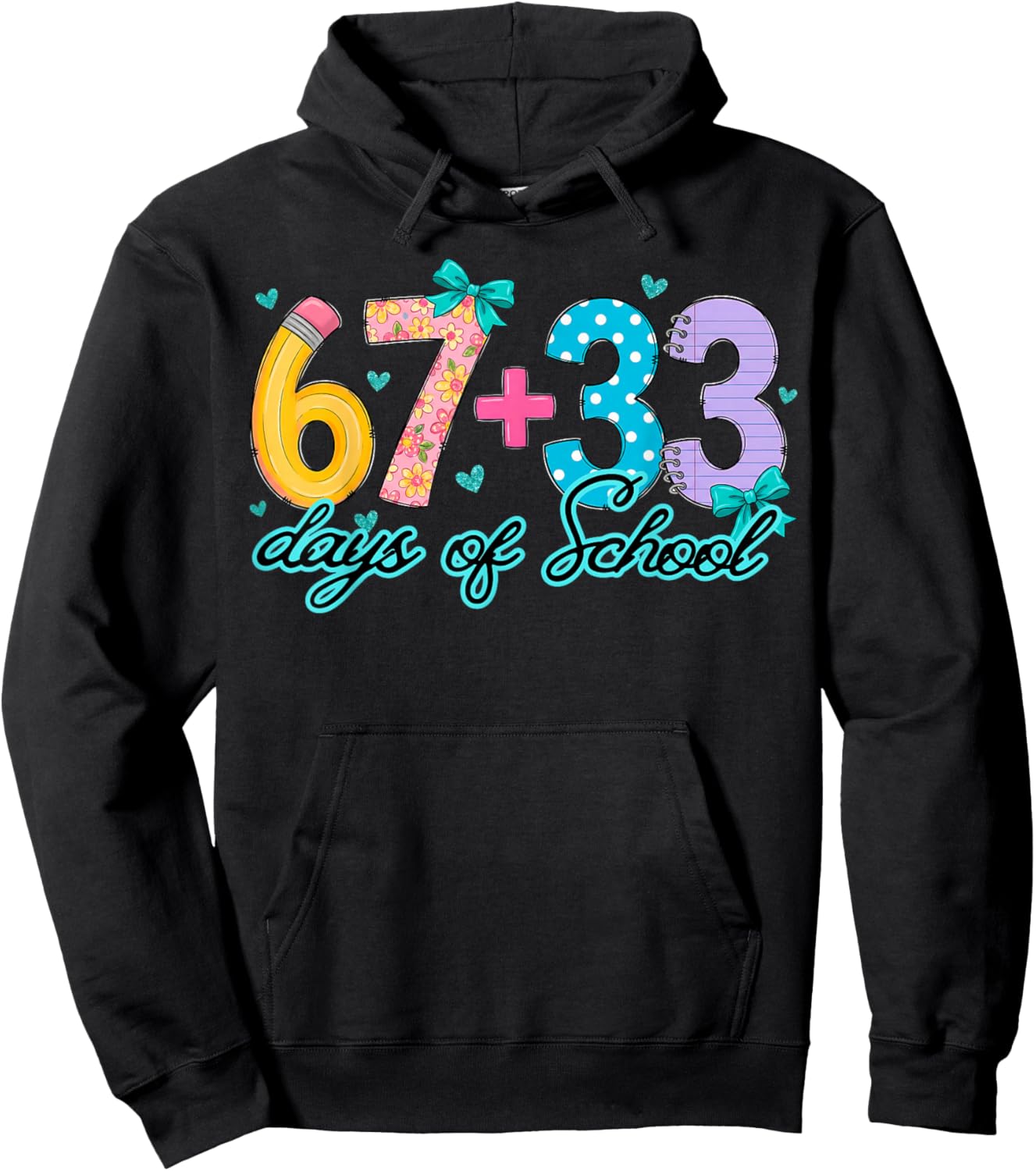 Blue Bow Hearts 67+33 100 Days of School Floral Women Girl Hoodie - Hoodie | Black