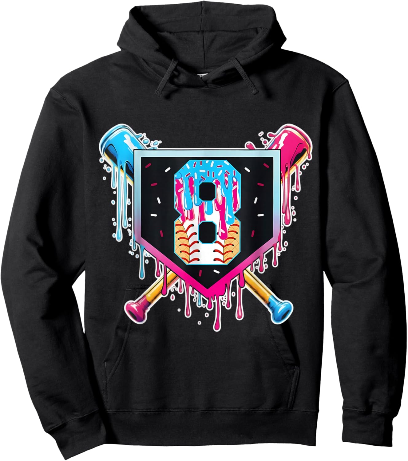 Baseball 8 Year Old Boy Ice Cream Drip 8th Birthday Player Hoodie - Hoodie | Black