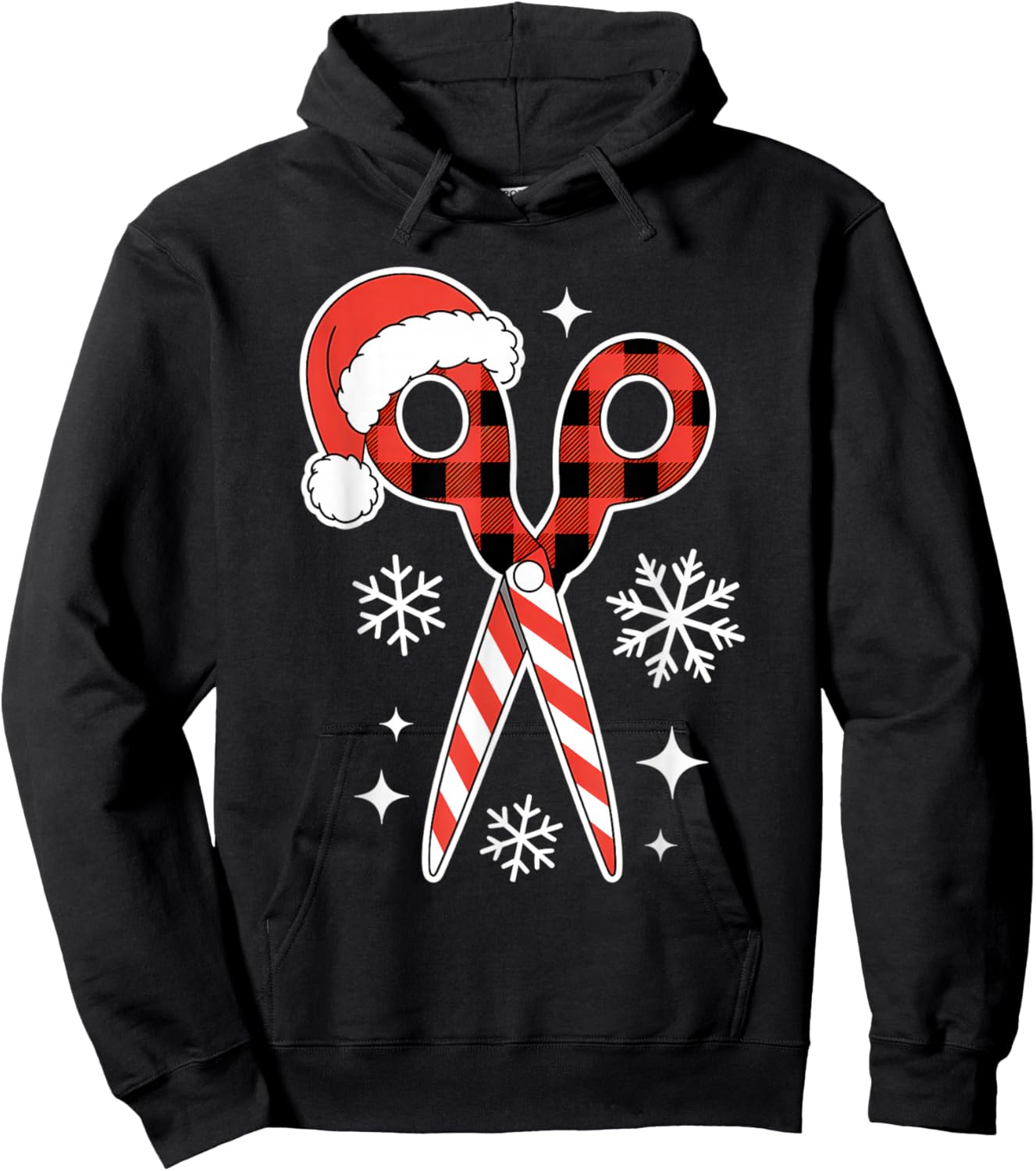 Christmas Buffalo Plaid Scissors with Santa Hat Men Women Hoodie - Hoodie | Black
