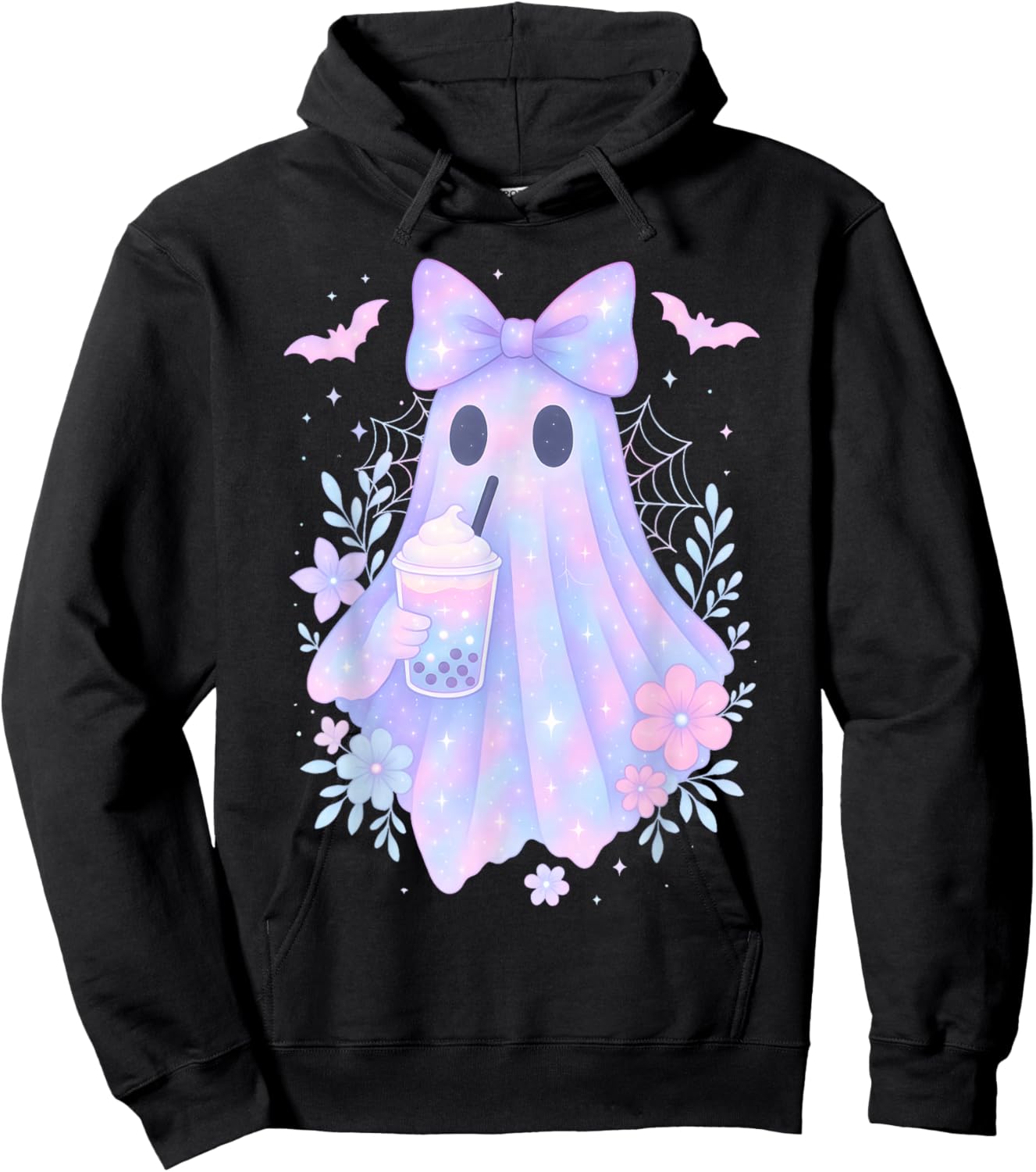 Kawaii Pastel Galaxy Ghost Bubble Tea Halloween Coquette Bow Hoodie - Hoodie | Black