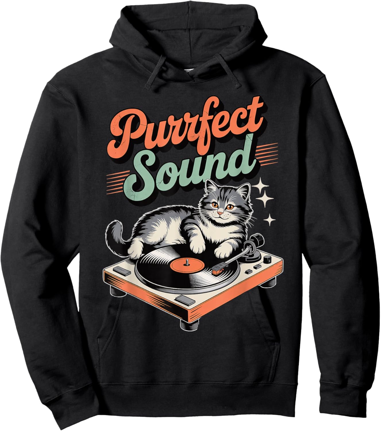 Purrfect Sound Funny Cat on Vinyl Record Player Music Lovers Hoodie - Hoodie | Black
