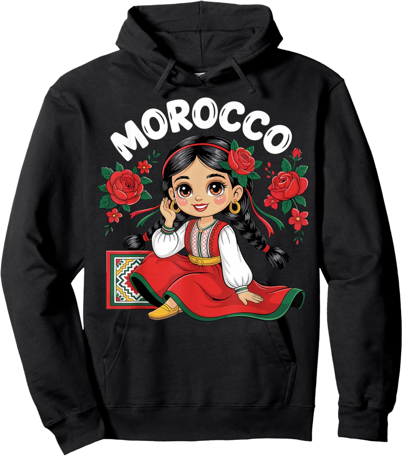 Moroccan Girl in Traditional Dress with Roses & Folk Outfit Hoodie - Hoodie | Black