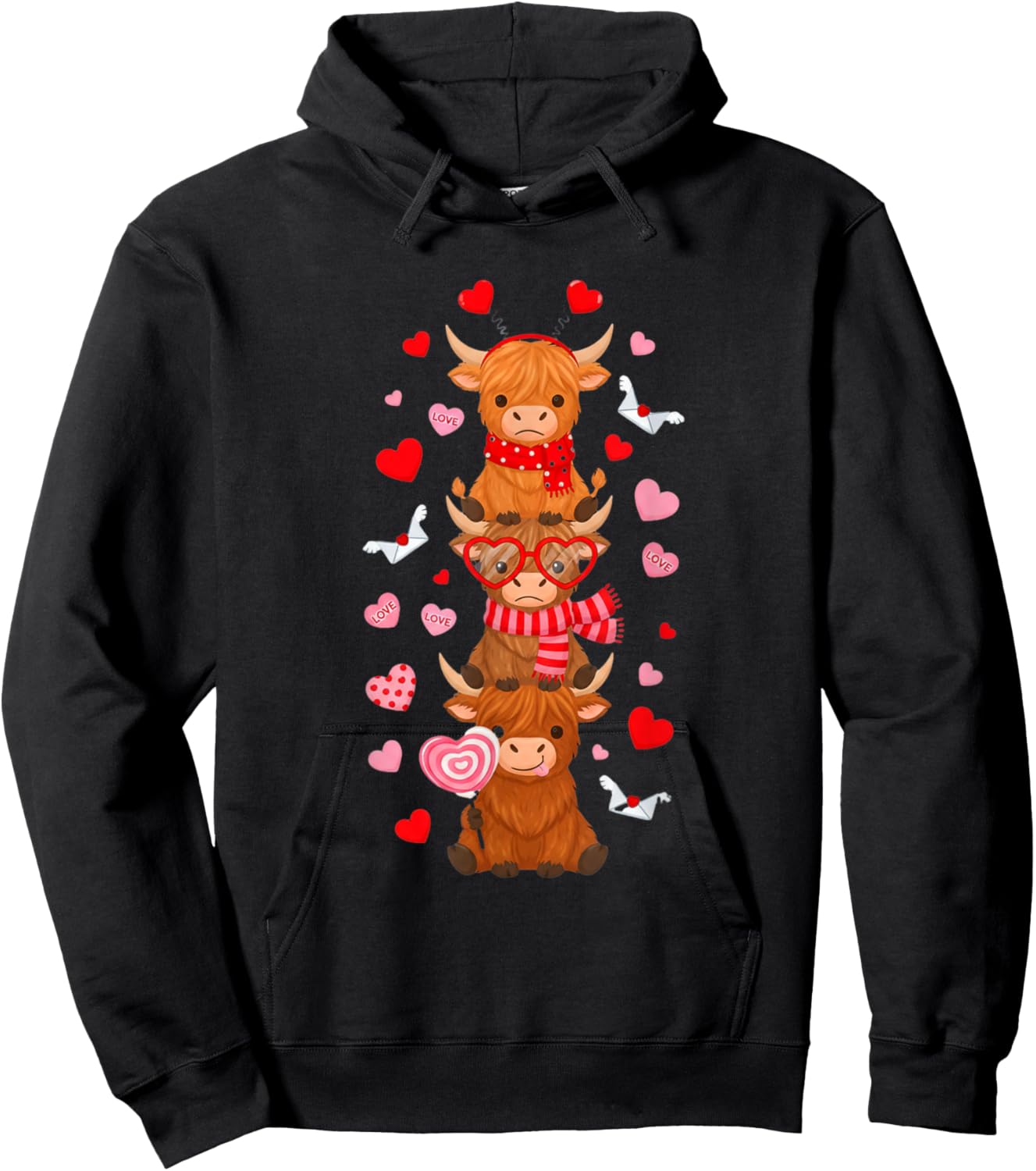 Cute Western Valentine Highland Cows with Heart Letter Women Hoodie - Hoodie | Black
