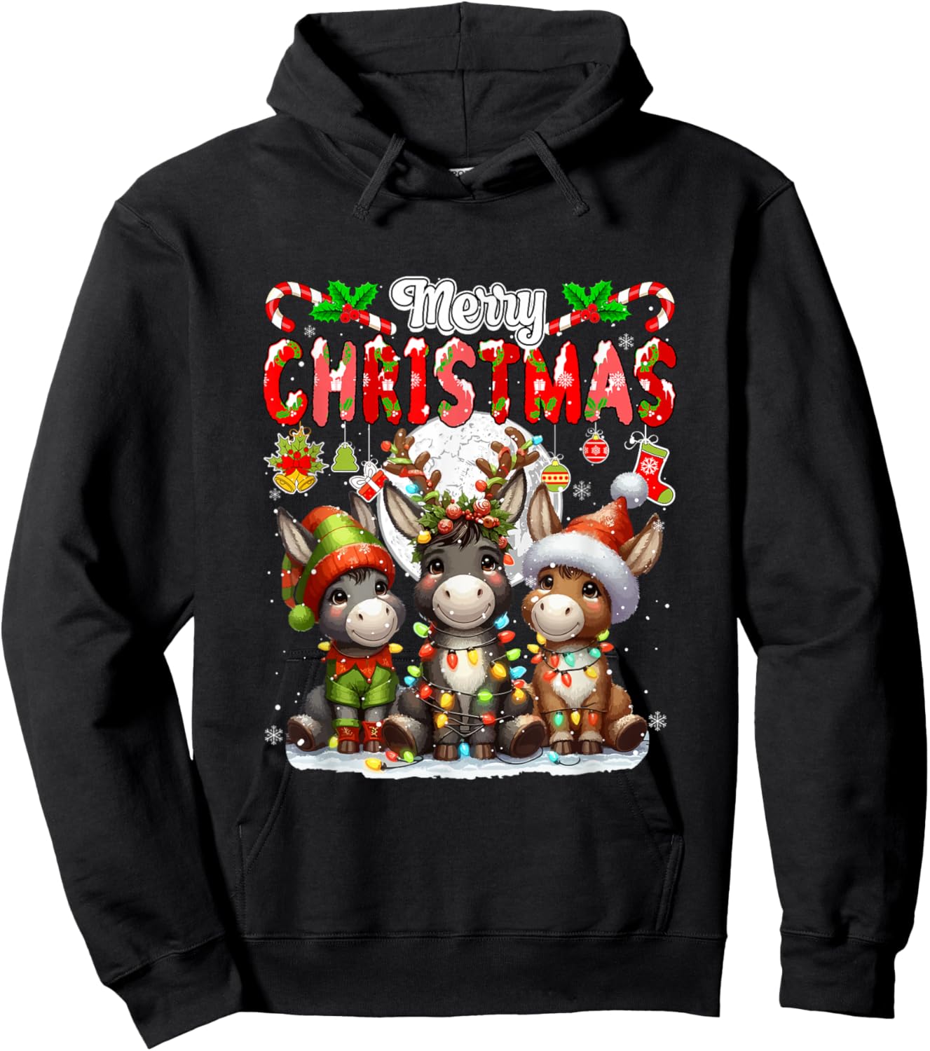 Merry Christmas Three Santa Reindeer Elf Donkeys Colorful Hoodie - Hoodie | Black