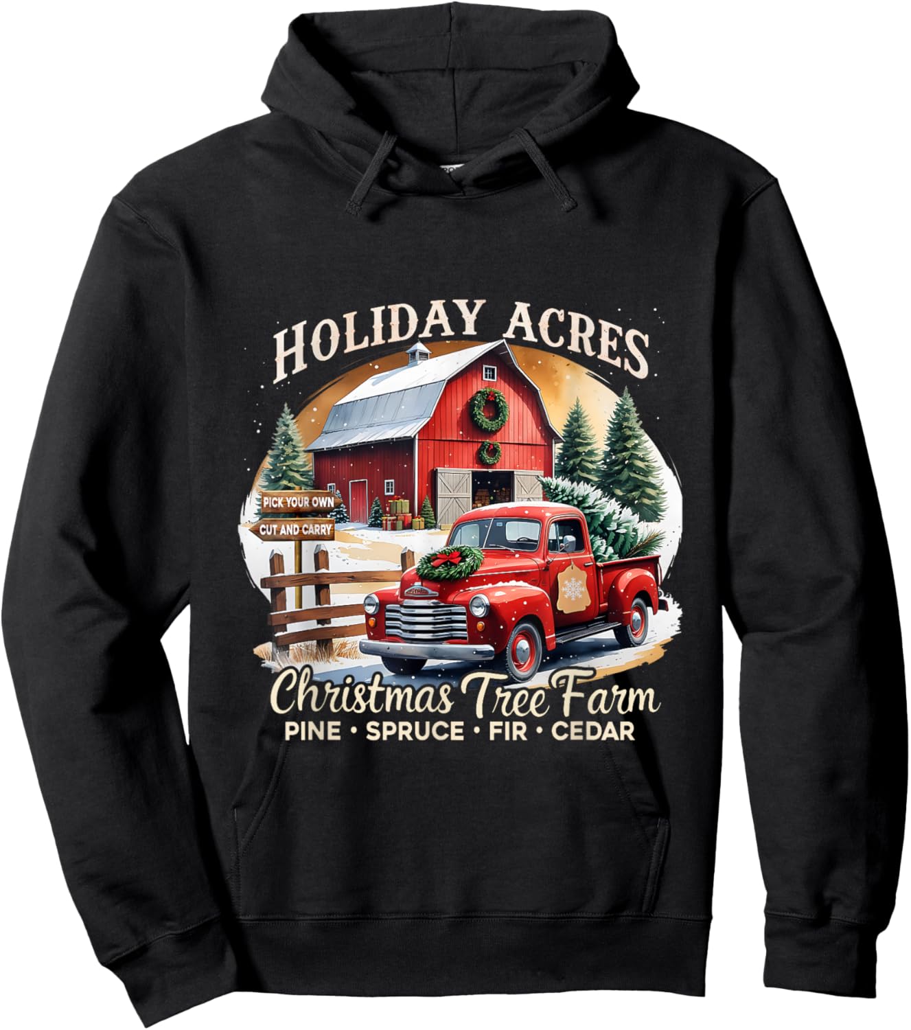 Vintage Red Truck Holiday Acres Christmas Tree Farm Hoodie - Hoodie | Black