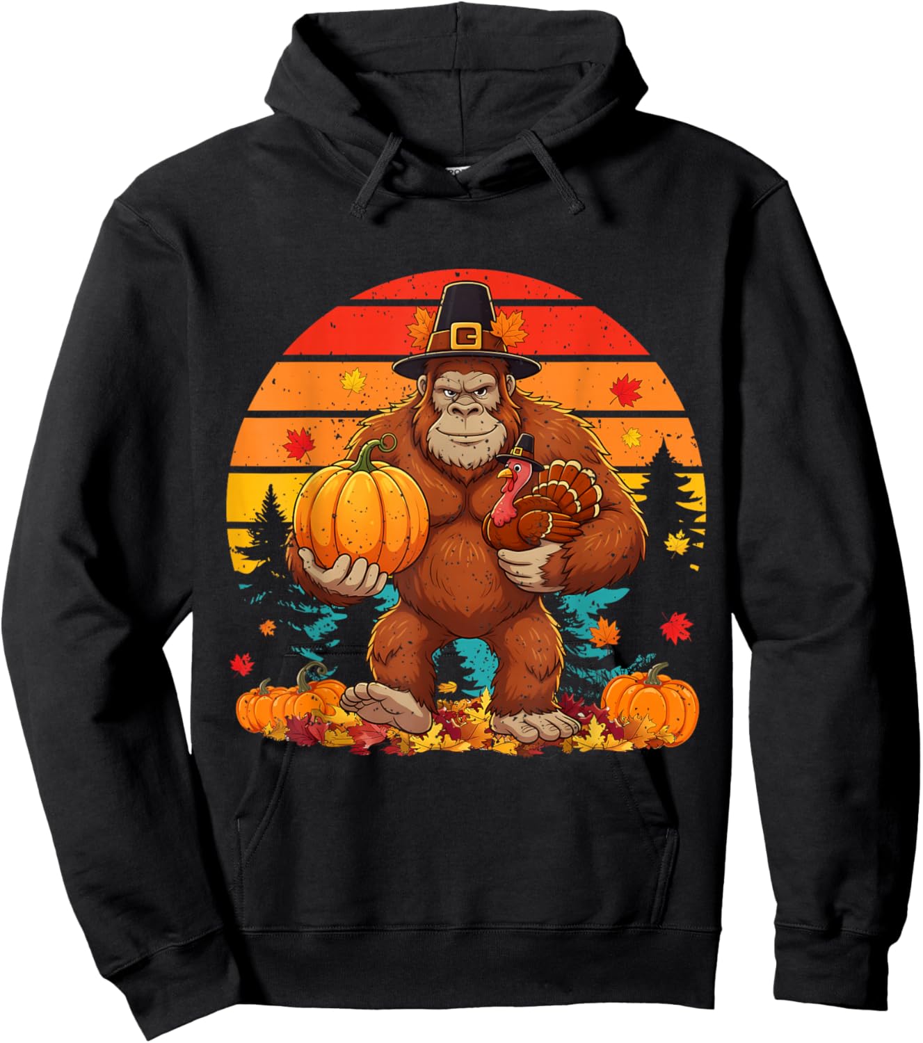 Bigfoot Pilgrim Turkey Pumpkin Thanksgiving Day Boys Men Hoodie - Hoodie | Black