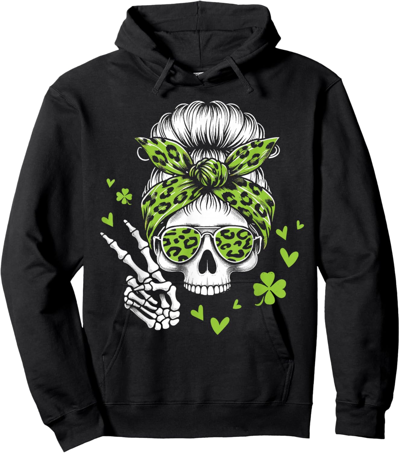 Skull St Patricks Day Shamrock Messy Hair Bun Irish Women Hoodie - Hoodie | Black