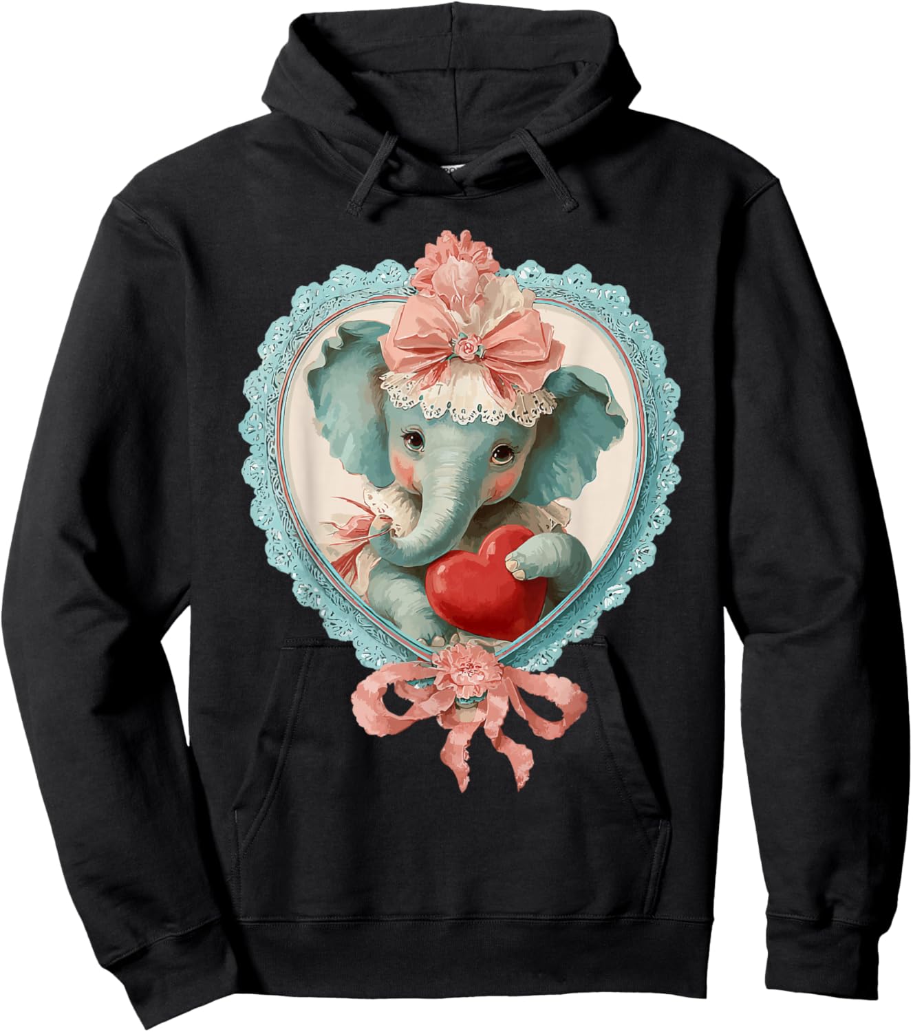 Cute Valentine Elephant with Heart Vintage Animal Coquette Hoodie - Hoodie | Black
