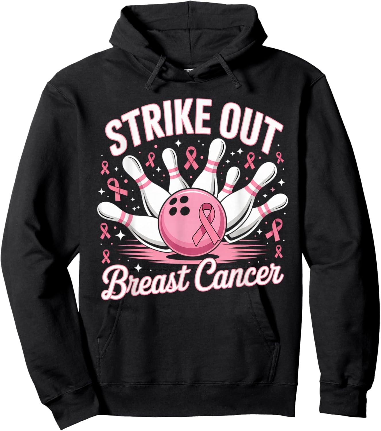 Breast Cancer Awareness - Bowling Strike Out Pink Ribbon Hoodie - Hoodie | Black