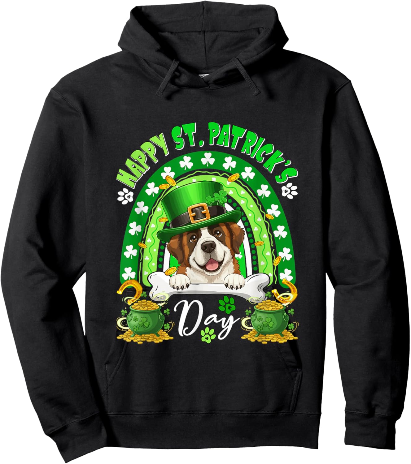 Happy St. Patrick's Day St. Bernard Rainbow Shamrocks Owner Hoodie - Hoodie | Black