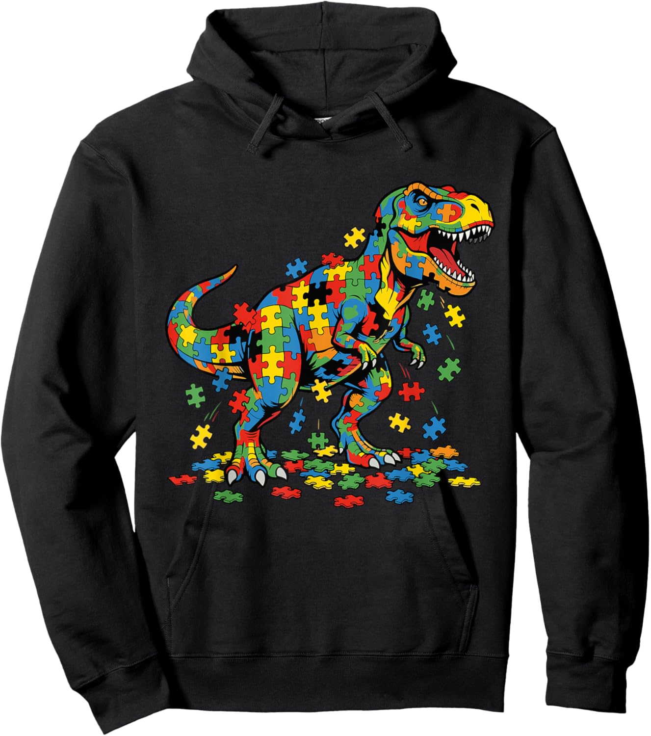 Autism Awareness Dinosaur Colorful Puzzle Autistic T rex Hoodie - Hoodie | Black