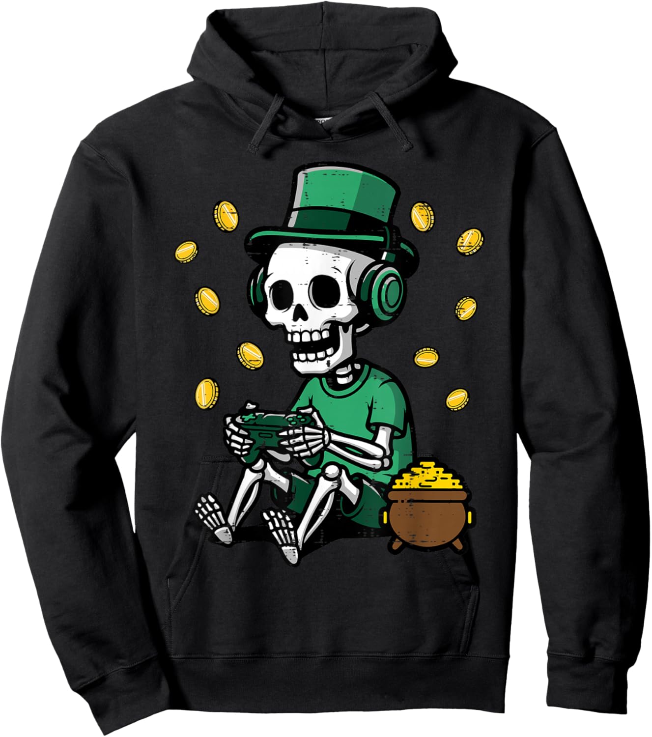 St Patricks Day Gamer Skeleton Saint Paddys Men Boys Kids Hoodie - Hoodie | Black