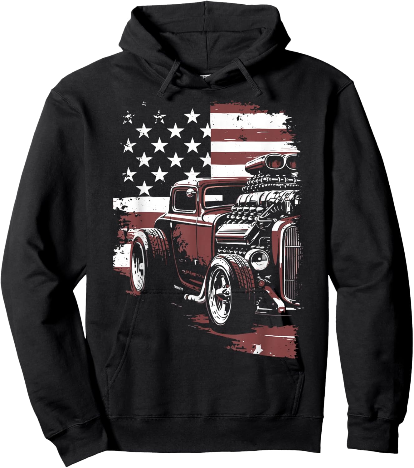 Patriotic Muscle Car Hot Rod USA Flag Hoodie - Hoodie | Black