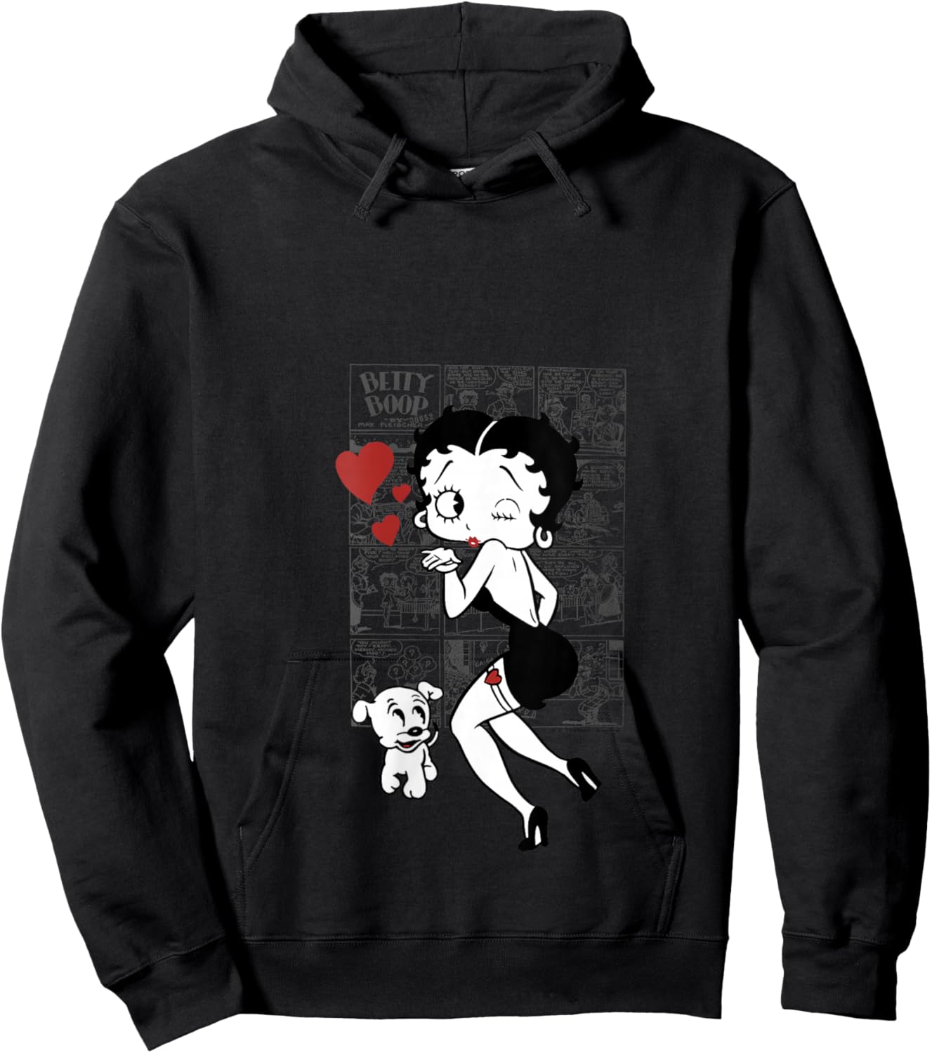 Women's Betty Boop Betty and Pudgy Comic Kiss Hearts V-Neck Hoodie - Hoodie | Black