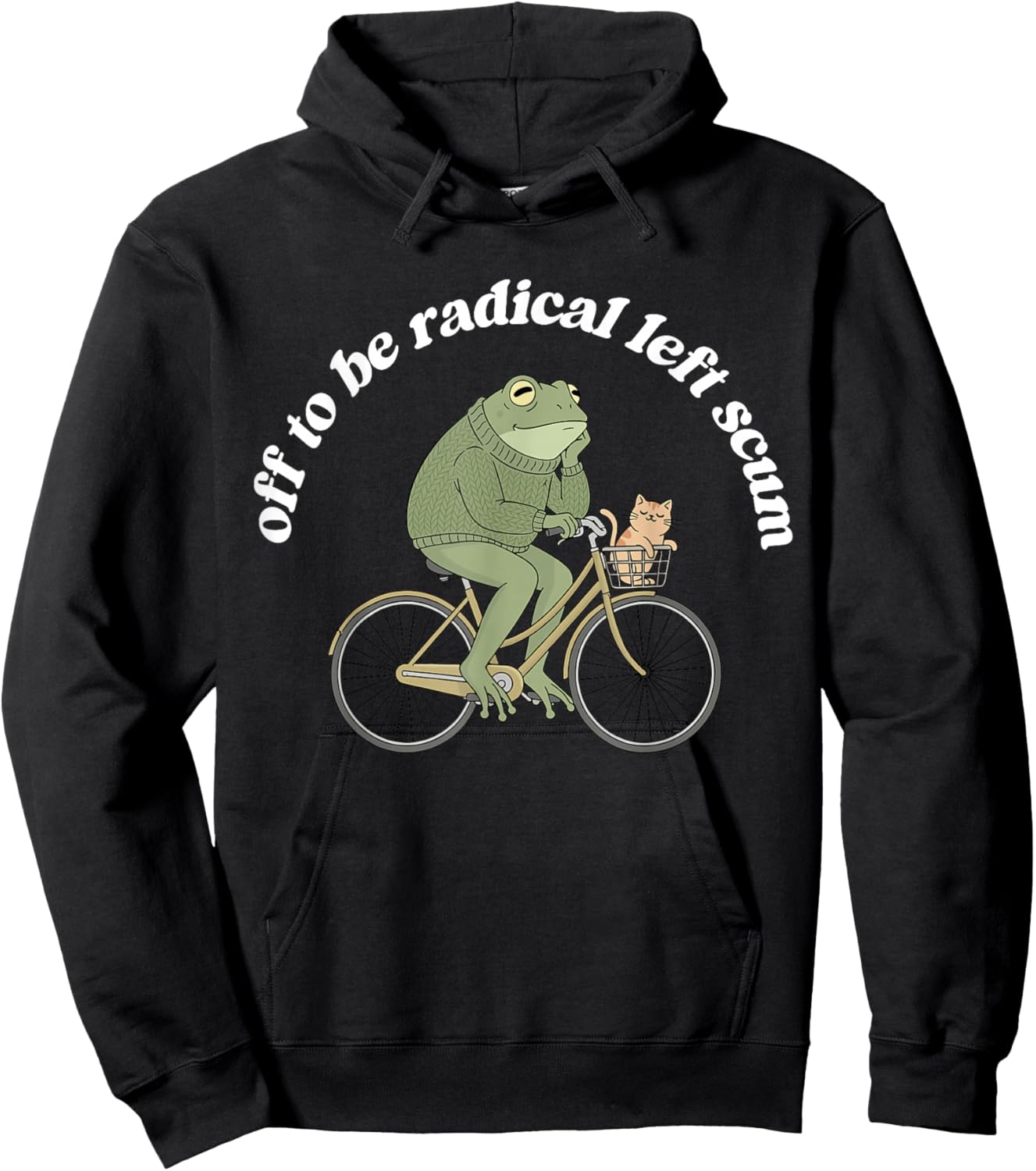 Off to Be Radical Left Funny Cum Frog and Cat Bicycle Print Hoodie - Hoodie | Black