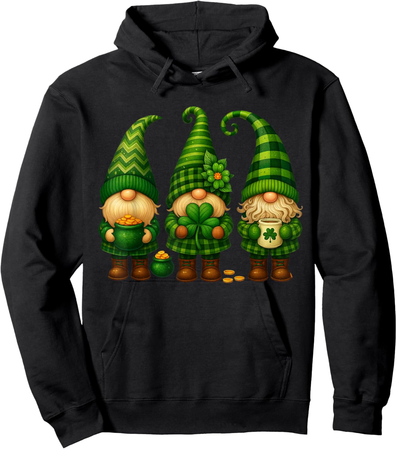 St Patricks Day Cute Lucky Gnomes Shamrock Irish Women Men Hoodie - Hoodie | Black