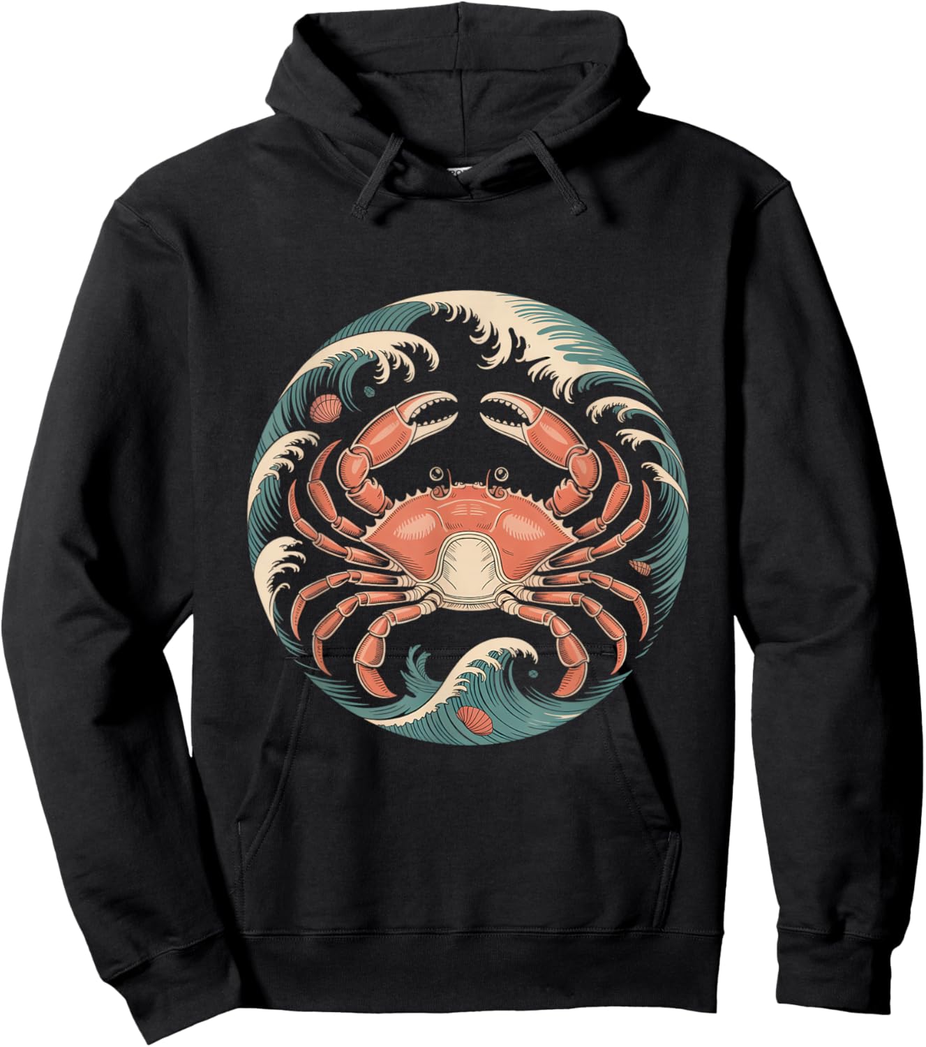 Vintage Red Crab with Ocean Waves Circle Hoodie - Hoodie | Black