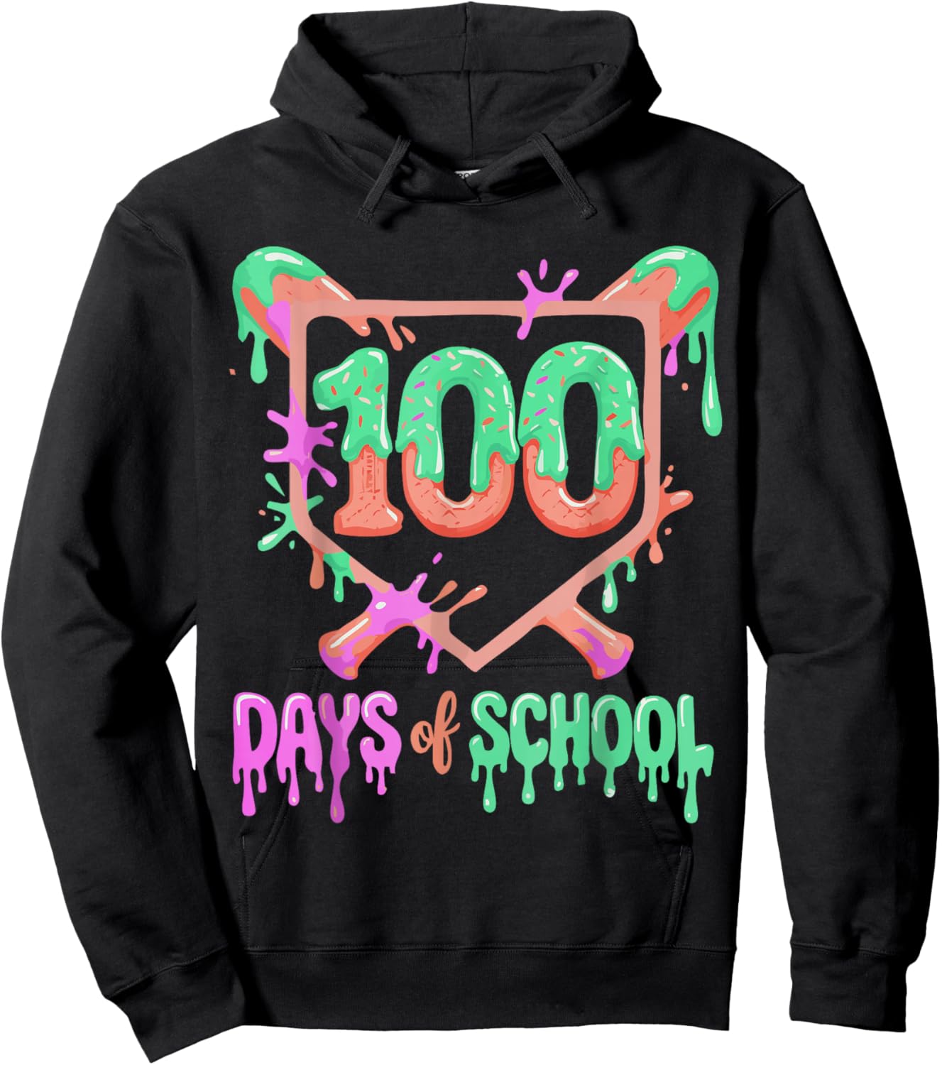 100 Days of School Baseball Ice Cream Drip 100th Day Player Hoodie - Hoodie | Black