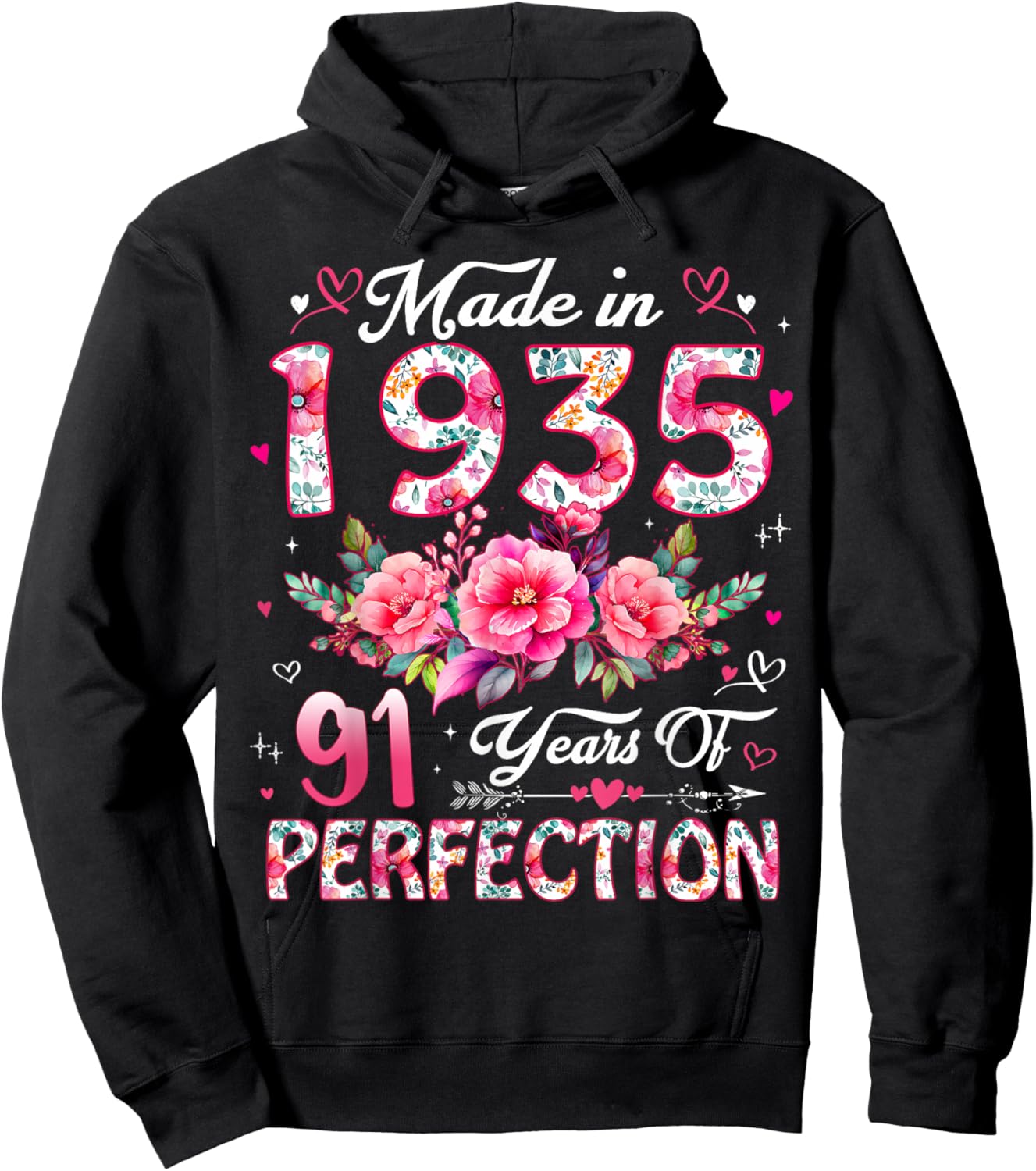 91 Year Old Made in 1935 Floral 91st Birthday Women Hoodie - Hoodie | Black