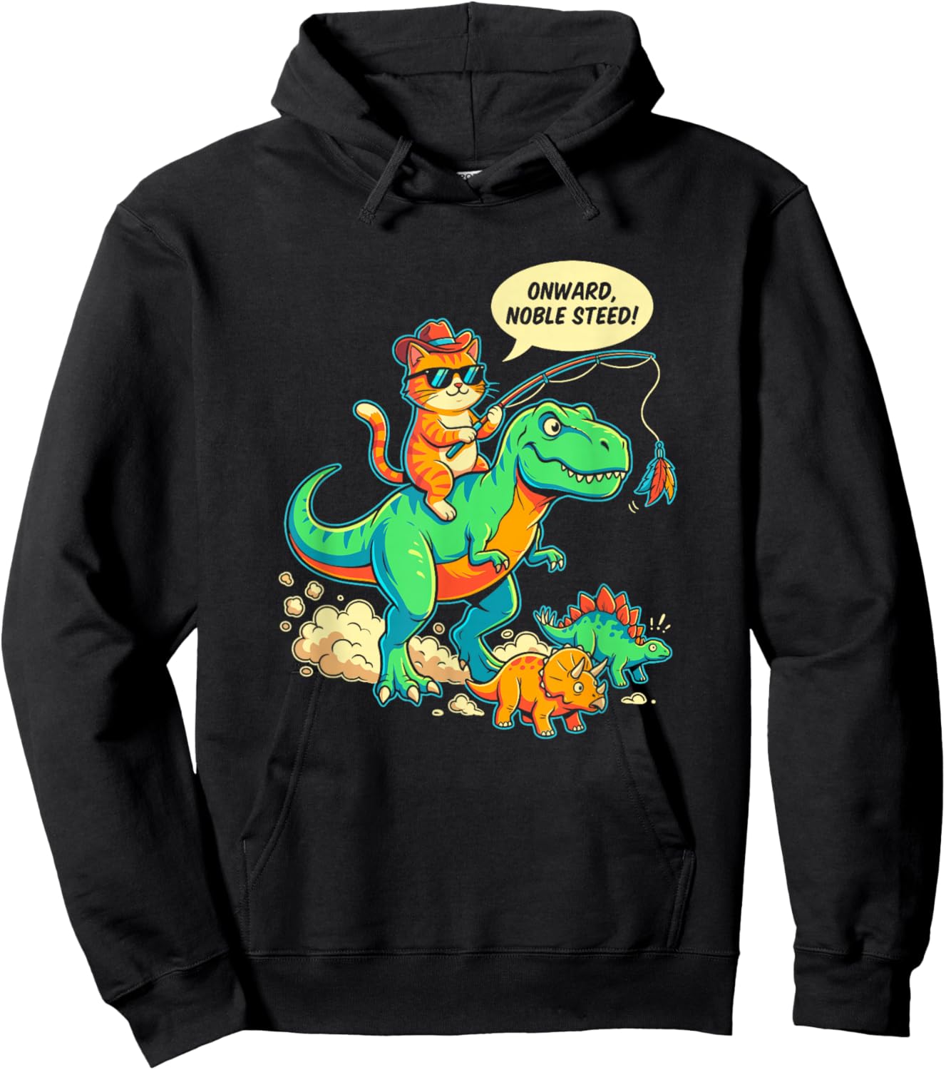Funny Cat Riding T-Rex Dinosaur Cowboy Onward Noble Steed Hoodie - Hoodie | Black