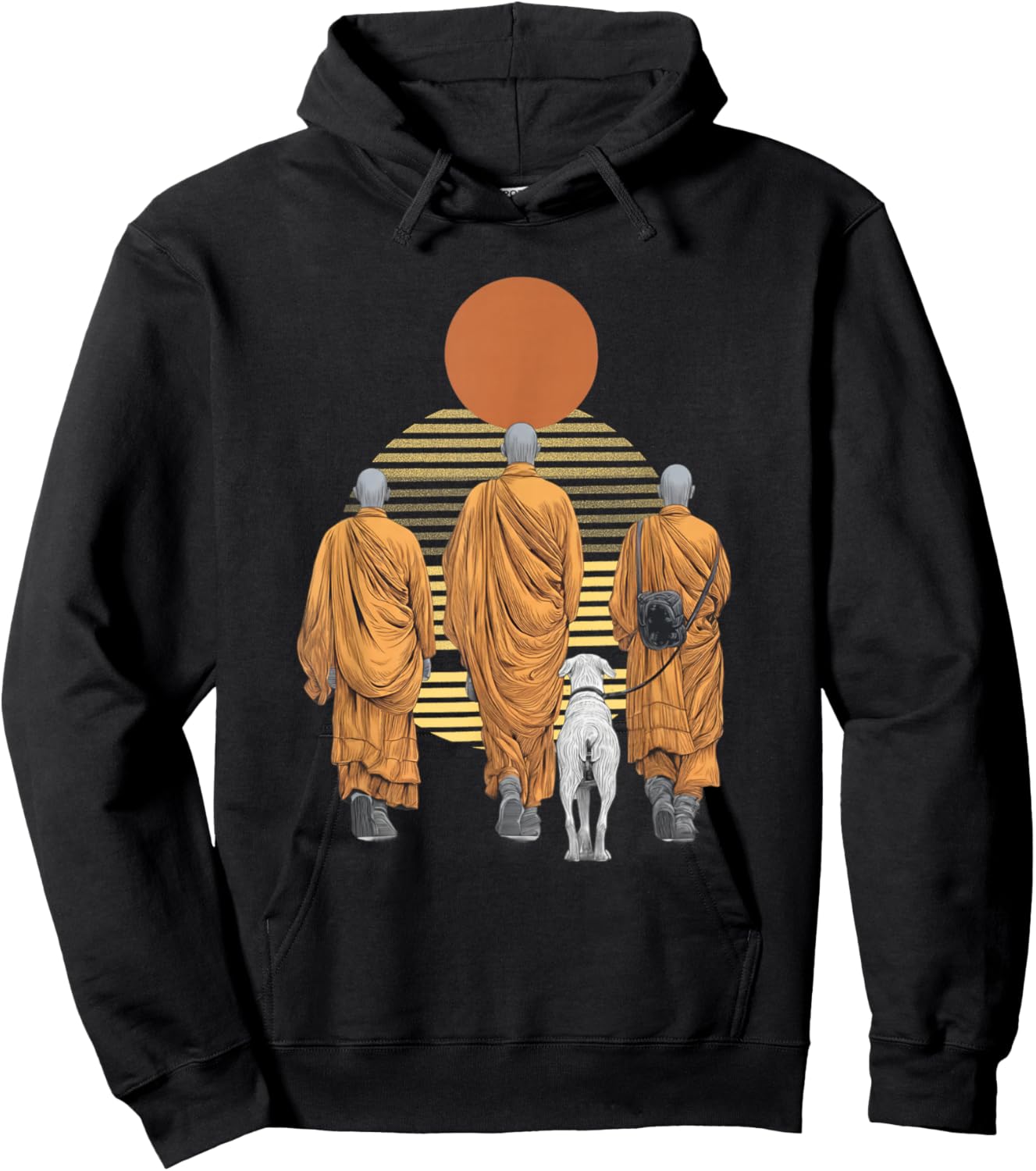 Three Monks and Aloka Dog Spiritual Zen Art Peaceful Hoodie - Hoodie | Black