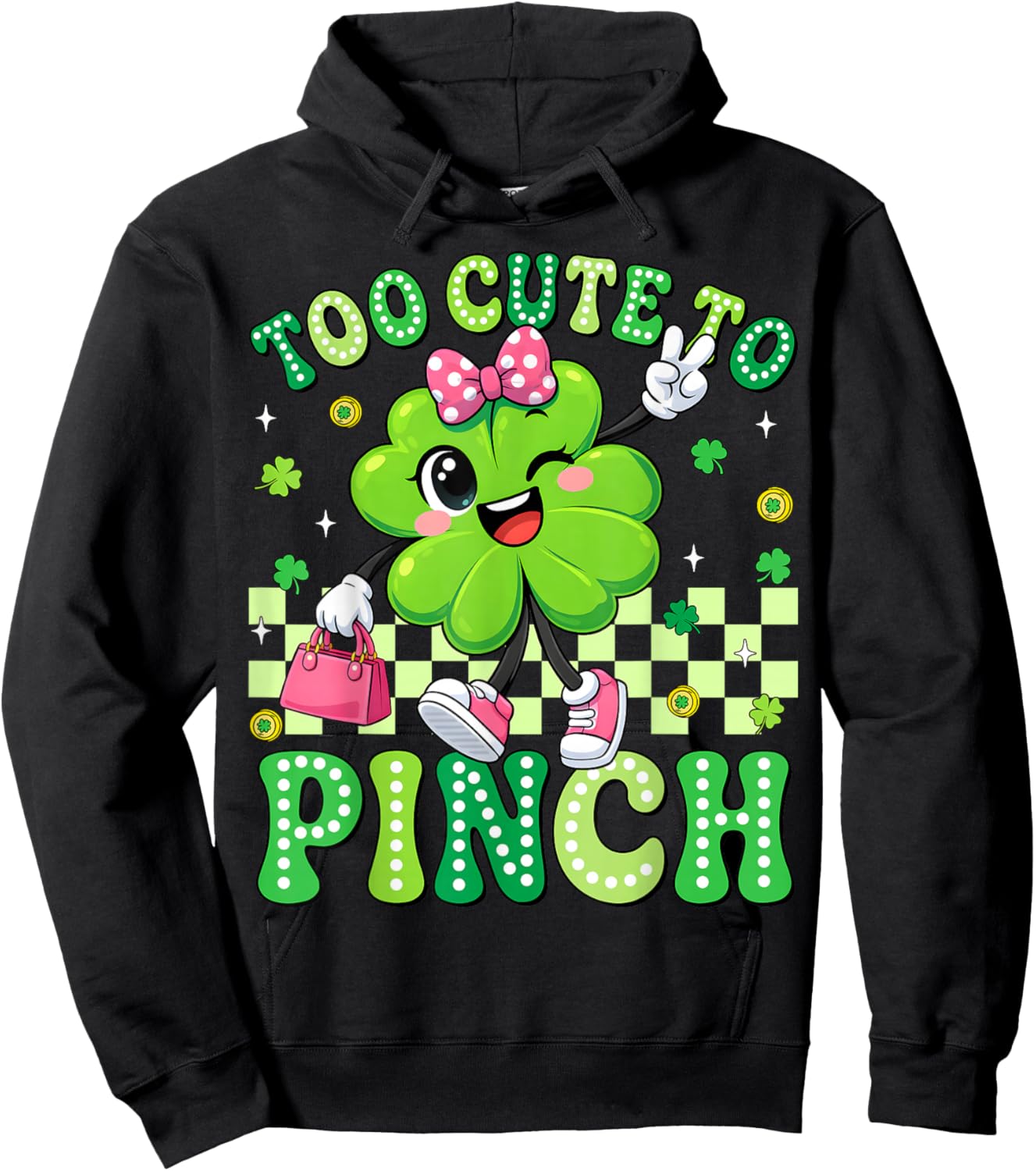 Too Cute to Pinch Shamrock St Patricks Day Toddler Girl Kids Hoodie - Hoodie | Black
