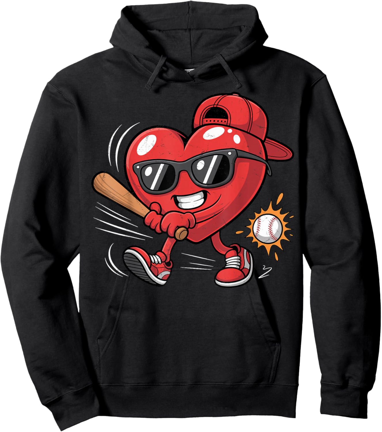 Valentines Day Heart Playing Baseball Boys Men Kids Girls Hoodie - Hoodie | Black