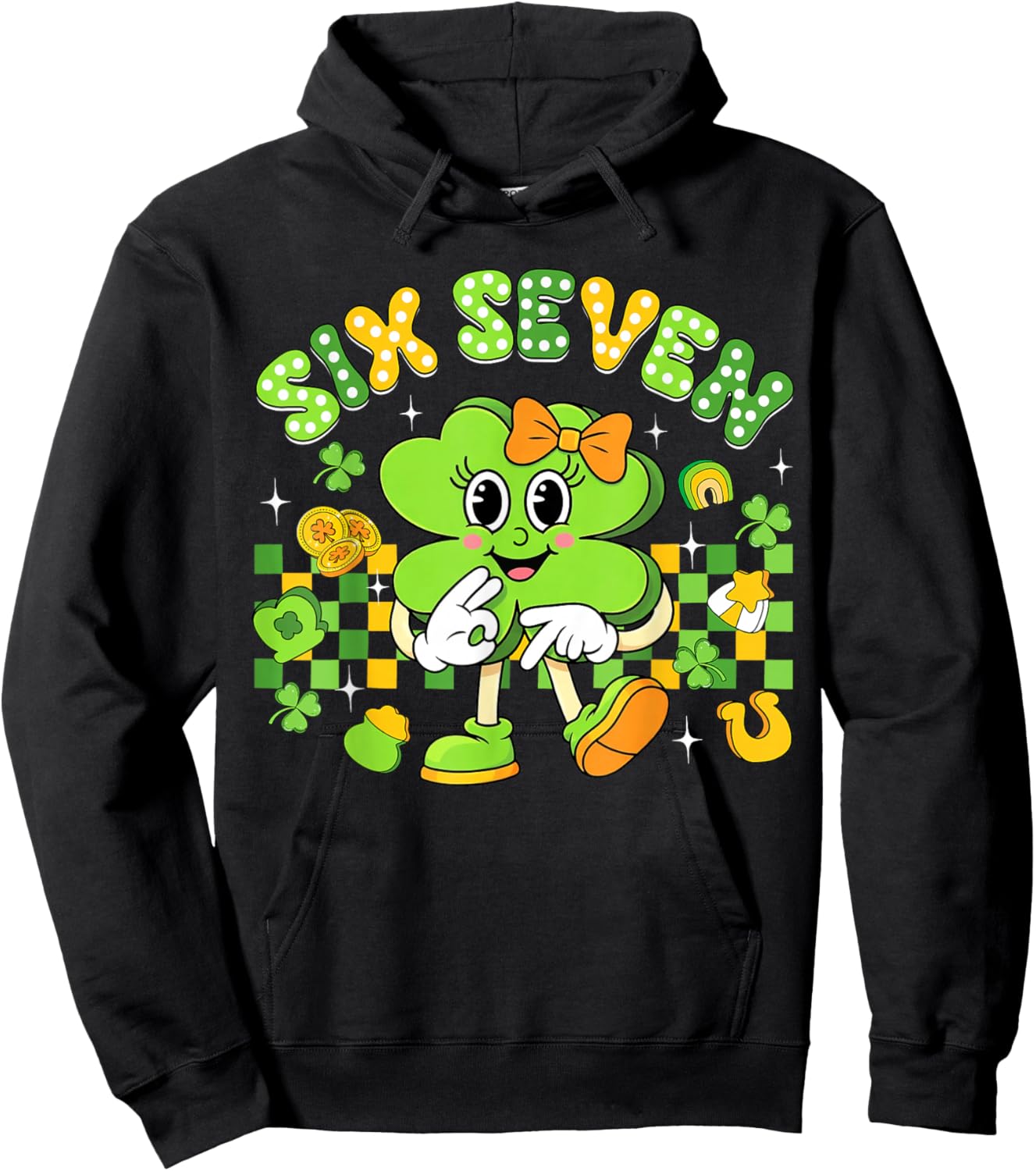 Funny Meme 6 7 St Patricks Day Six Seven Shamrock Girls Kids Hoodie - Hoodie | Black