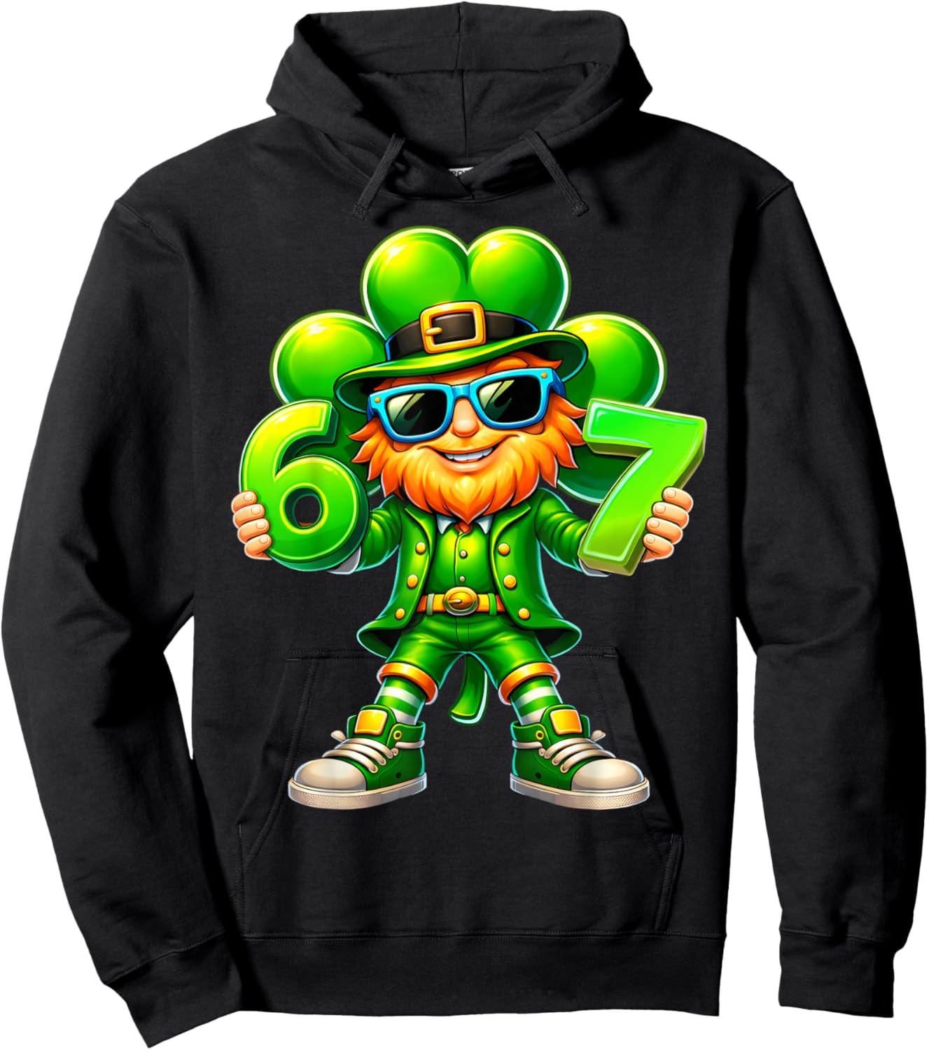 Six Seven 6 7 Meme St Patricks Day Leprechaun Shamrock Hoodie - Hoodie | Black