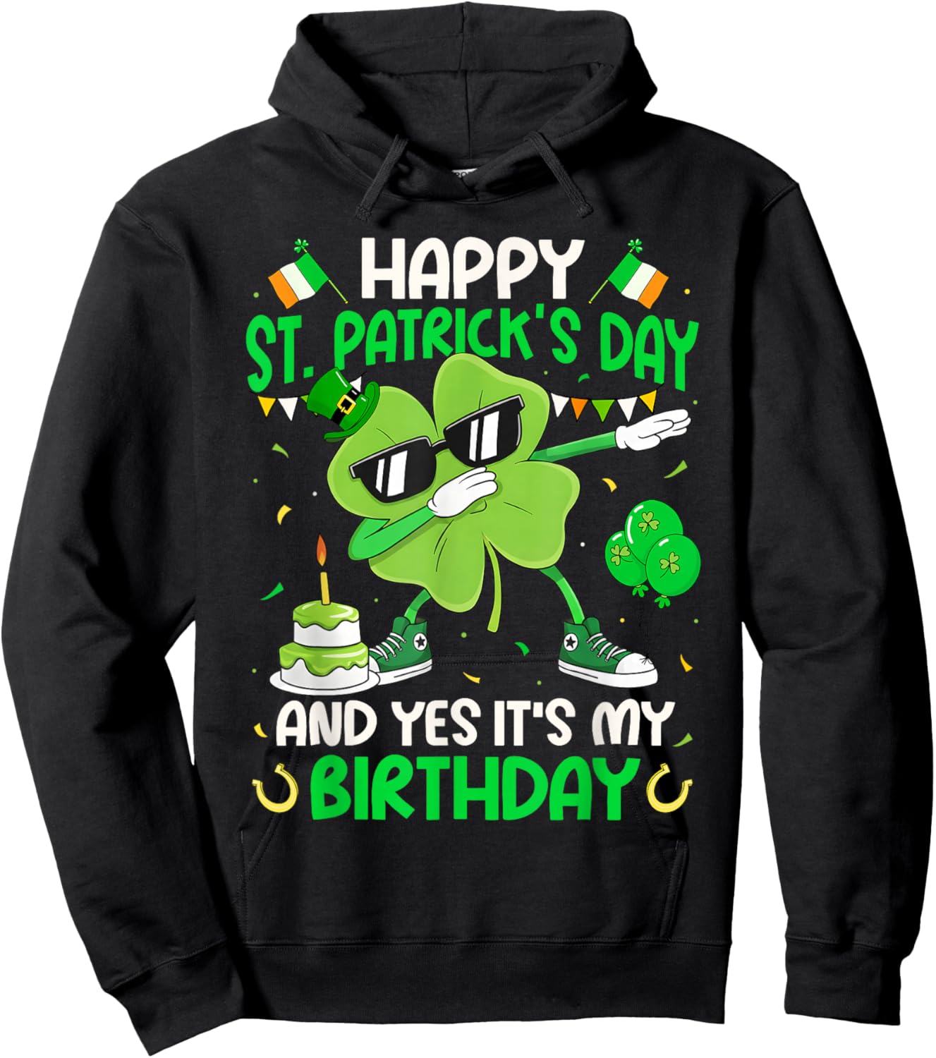 Happy St. Patrick's Day Birthday Dabbing Shamrock Boy Girl Hoodie - Hoodie | Black