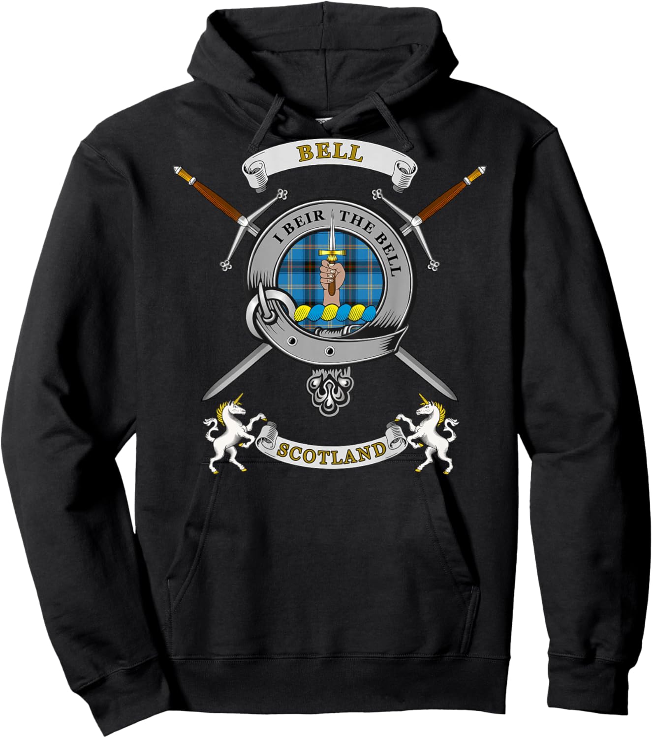 Bell Scottish Clan Badge Tartan & Swords (Back) Hoodie - Hoodie | Black