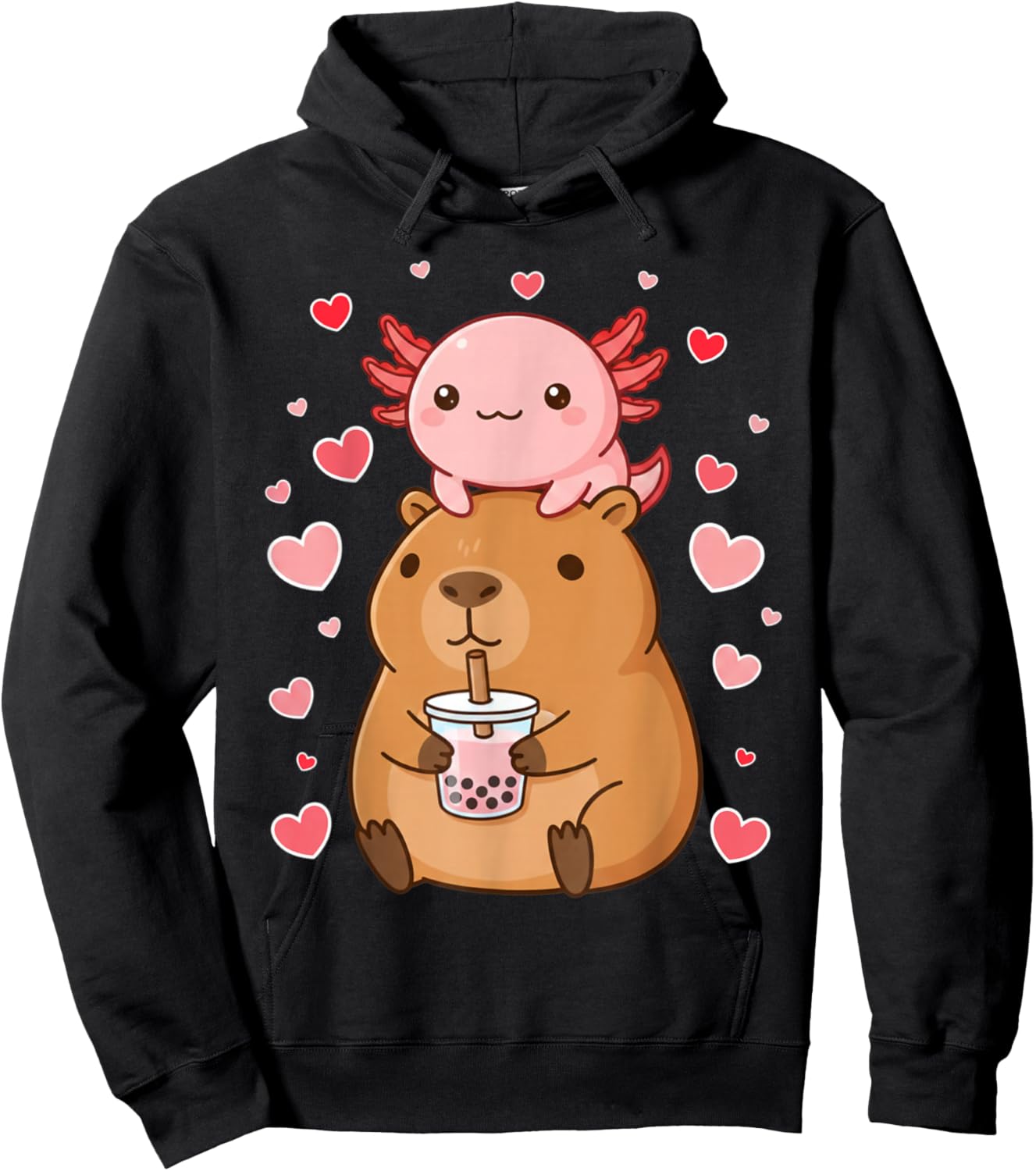 Cute Kawaii Axolotl Capybara Bubble Tea Boys Girls Valentine Hoodie - Hoodie | Black