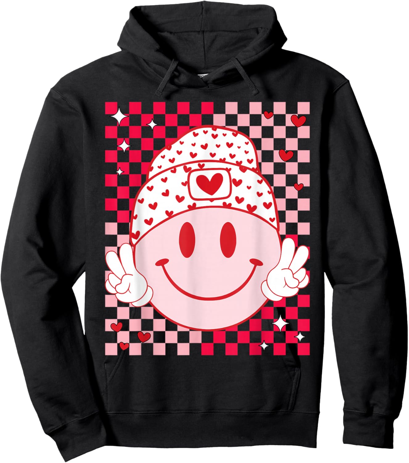 Groovy Valentine Vibes Cute Heart Happy Valentines Men Women Hoodie - Hoodie | Black