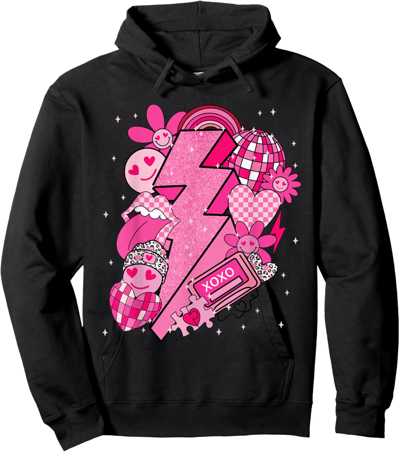 Valentine Love Lightning Bolt Disco Hearts Y2K Retro Graphic Hoodie - Hoodie | Black