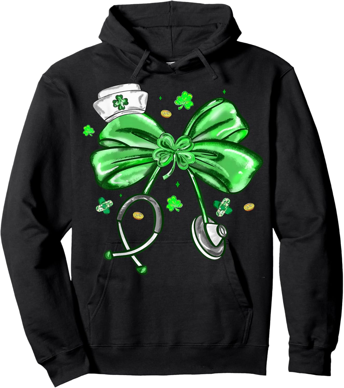 St Patrick's Day Nurse Coquette Bow Stethoscope Girl Women Hoodie - Hoodie | Black