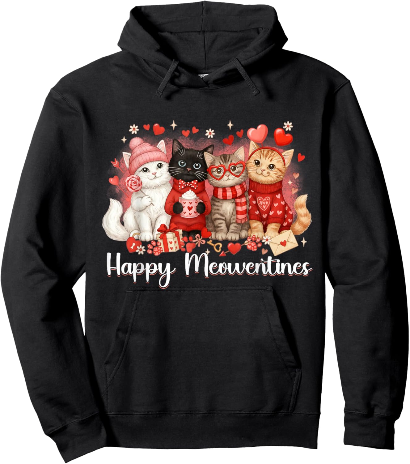 Cute Valentine Cat Lovers Happy Meowentines Girls Women Kid Hoodie - Hoodie | Black