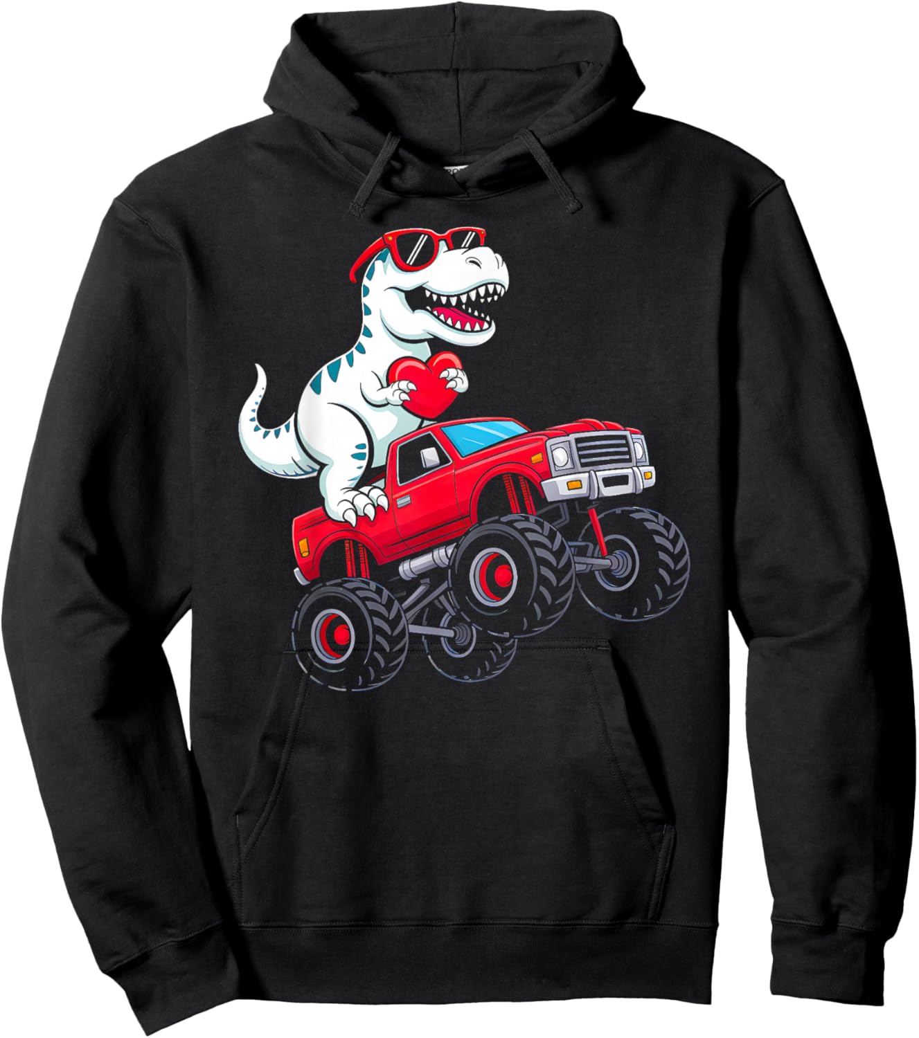 Valentines Day Dinosaur T Rex Riding Truck Toddler Boys Kids Hoodie - Hoodie | Black