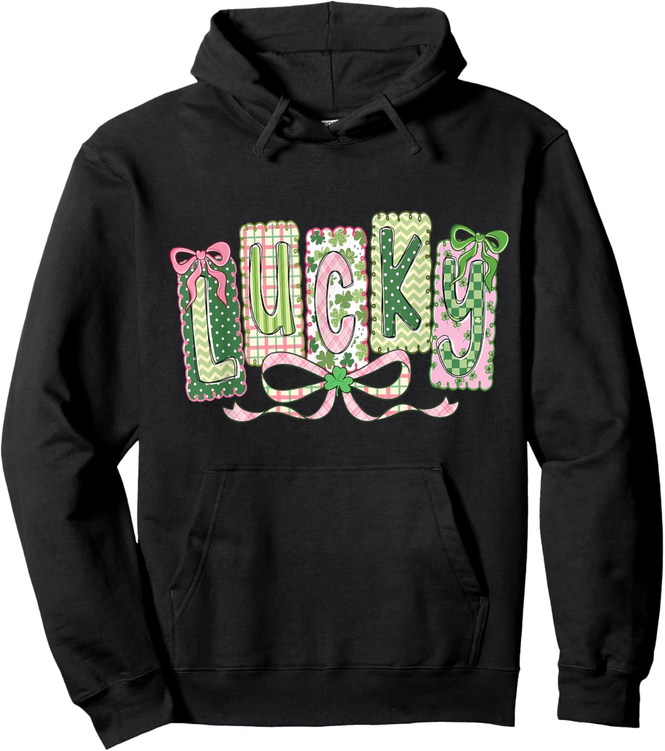 Happy Green Lucky March Coquette Bow St Patrick's Day Irish Hoodie - Hoodie | Black