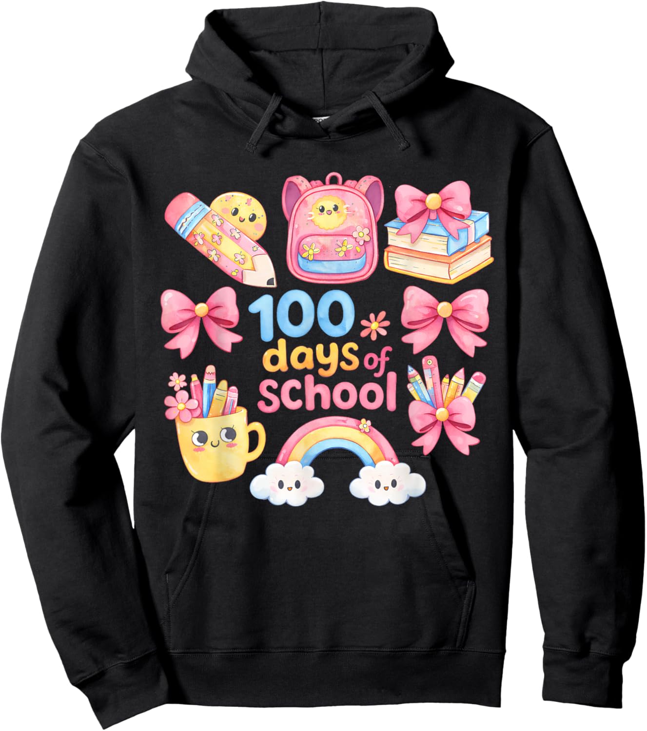 100 Days of School Girls Cute Bow 100th Day of School Kids Hoodie - Hoodie | Black