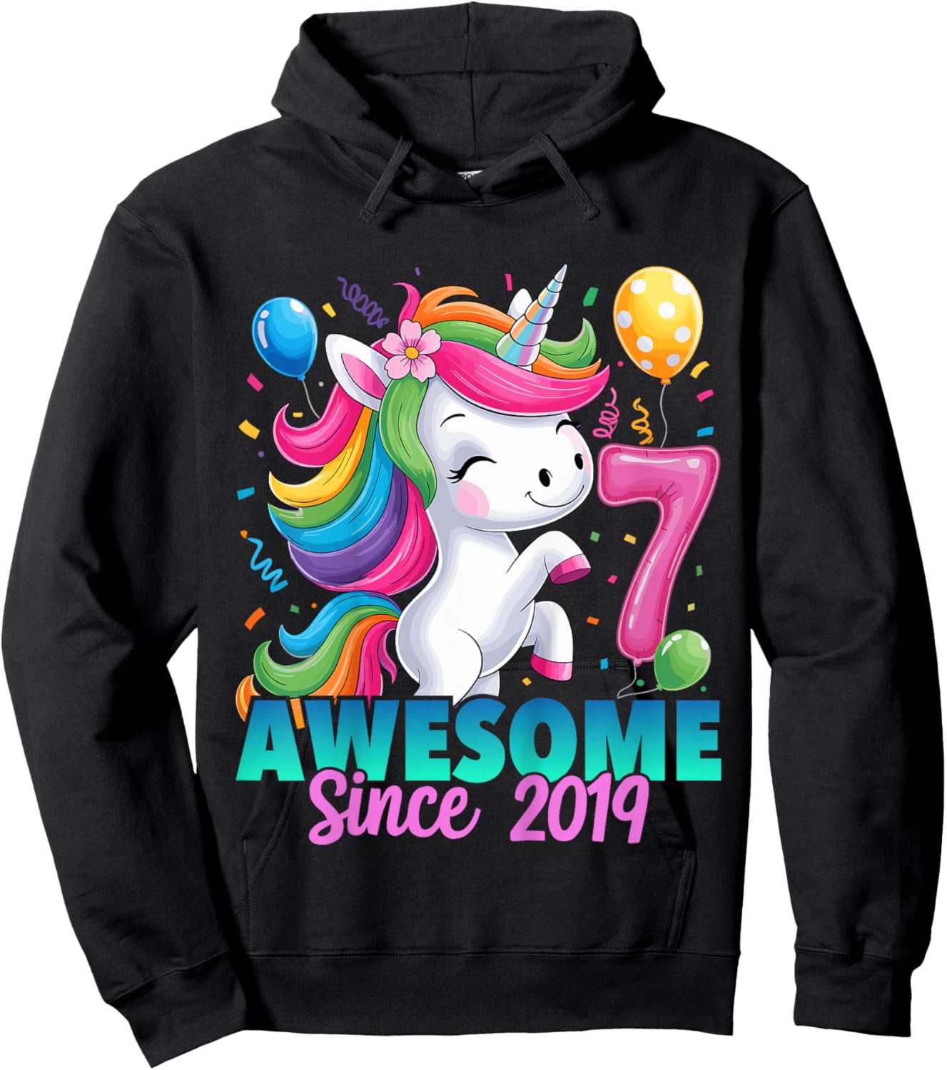 7th Birthday Unicorn 7 Year Old Girls Born 2019 Hoodie - Hoodie | Black