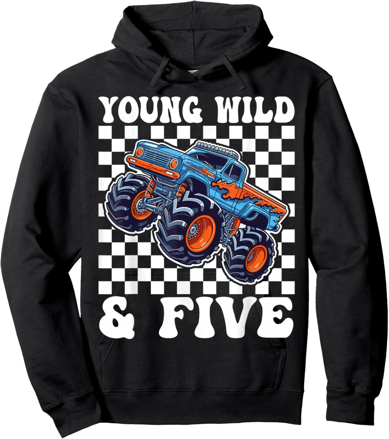 5th Birthday Monster Truck Young Wild and Five 5 Year Old Hoodie - Hoodie | Black