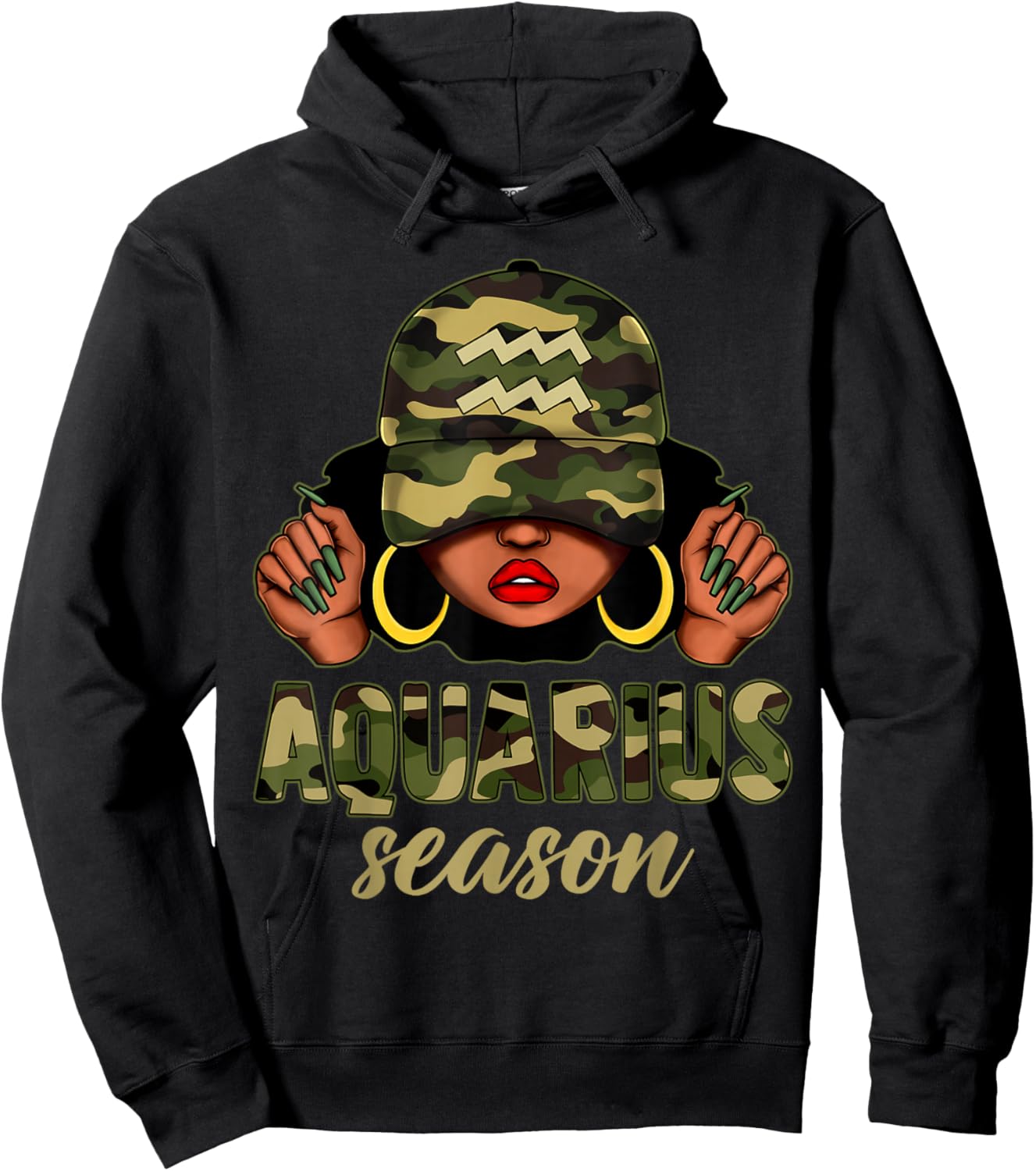 Aquarius Season Black Woman Camo Hat Afro Girl Zodiac Hoodie - Hoodie | Black