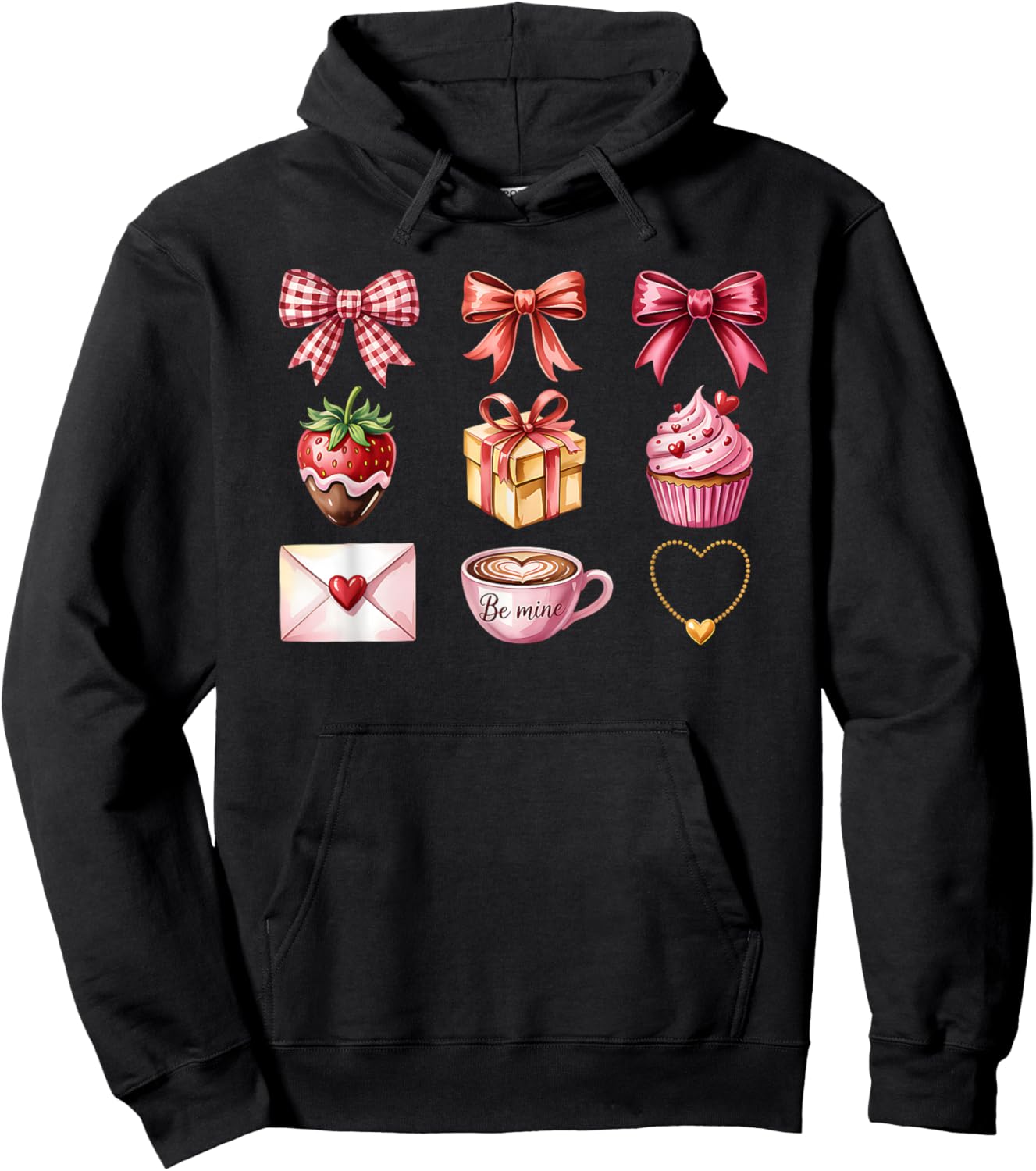 Valentine Croquette Aesthetic Bow Ribbon Strawberry Cupcake Hoodie - Hoodie | Black