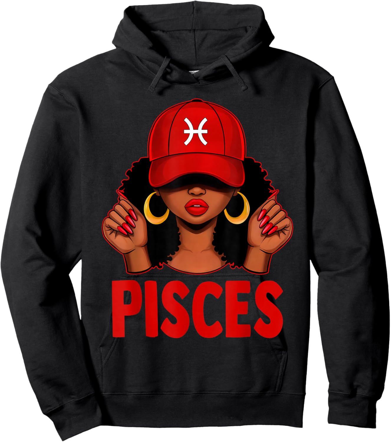 Pisces Girl Afro Women Red Cap Black Queen Zodiac Hoodie - Hoodie | Black