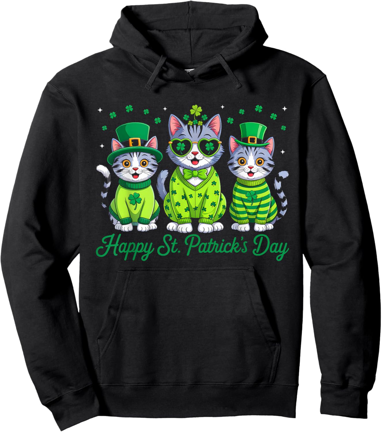 Happy St Patricks Day Cat Irish Lucky Shamrock Cat Lover Hoodie - Hoodie | Black