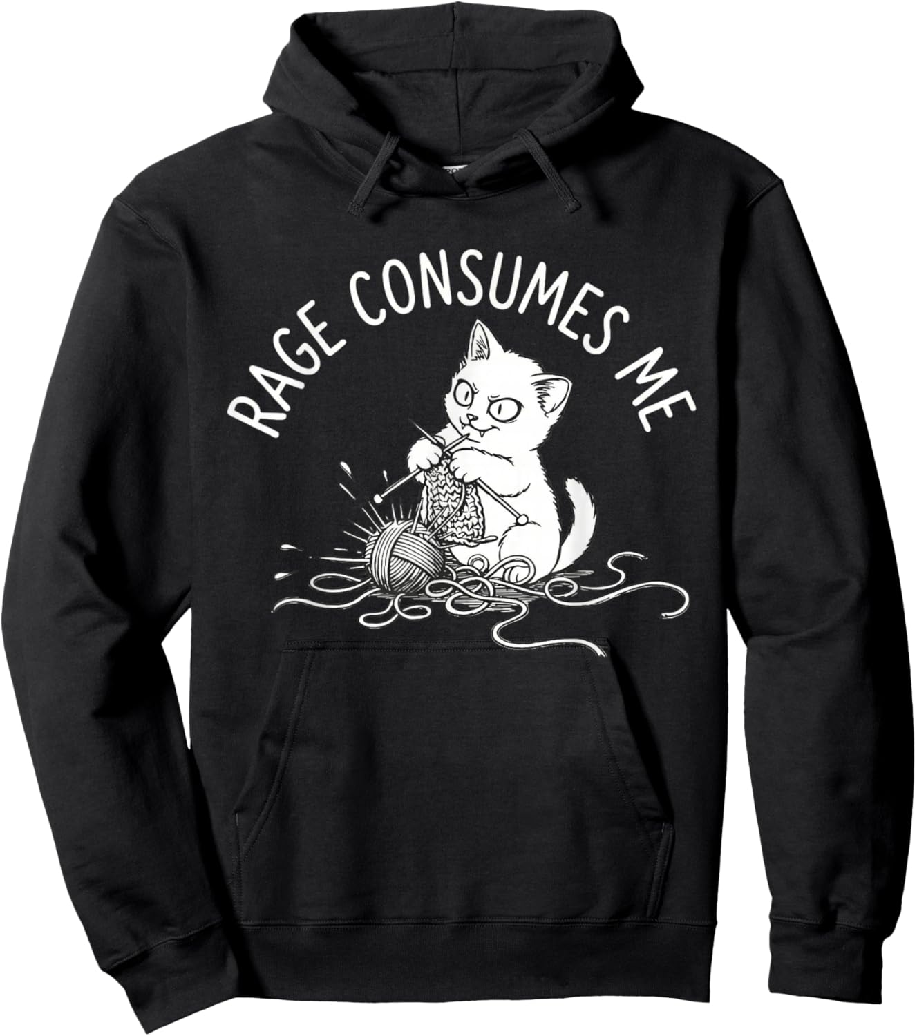 Cute Cat Rage Consumes Me Knitting Yarn Crochet Cat Hoodie - Hoodie | Black