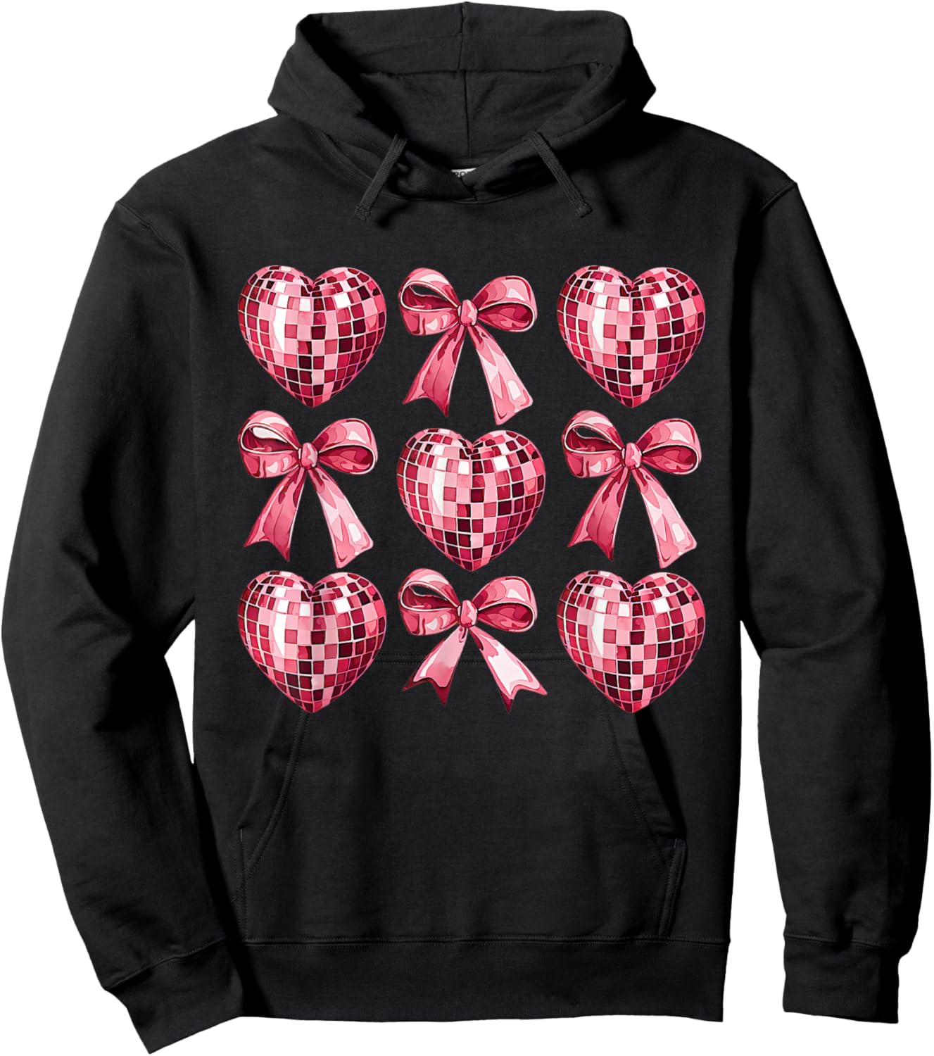 Pink Disco Heart & Bow Retro Valentine Aesthetic Women Teens Hoodie - Hoodie | Black